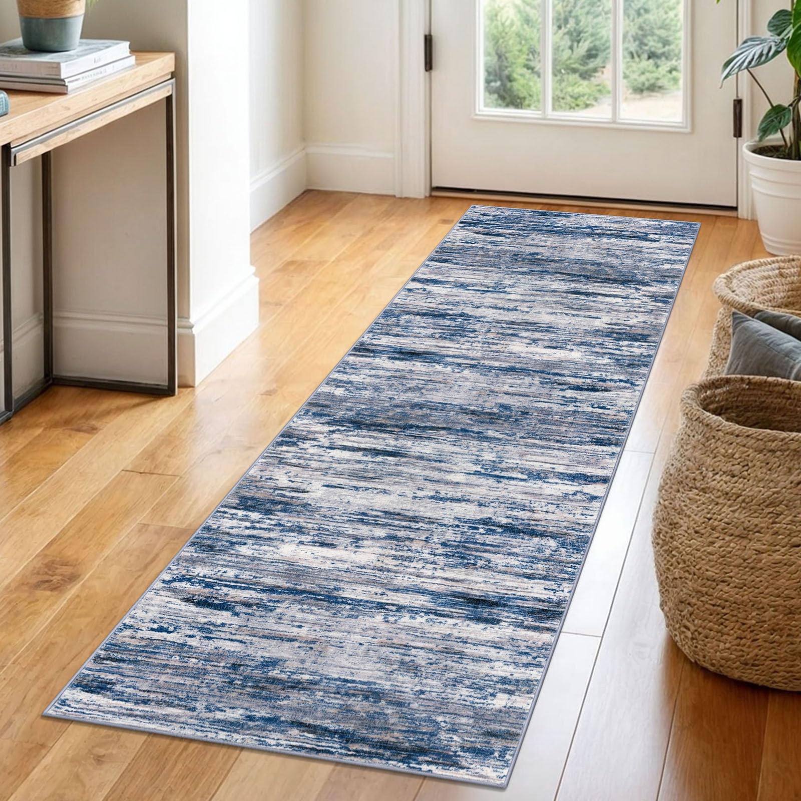 SIILOOM 2x6 Navy Blue Gray Neutral Multi Modern Abstract Runner Rug for Hallways, Super Soft Hallway Decor Kitchen Rugs with Non-Slip, Non-Shedding Washable Rug for Entryway Bedroom Indoor