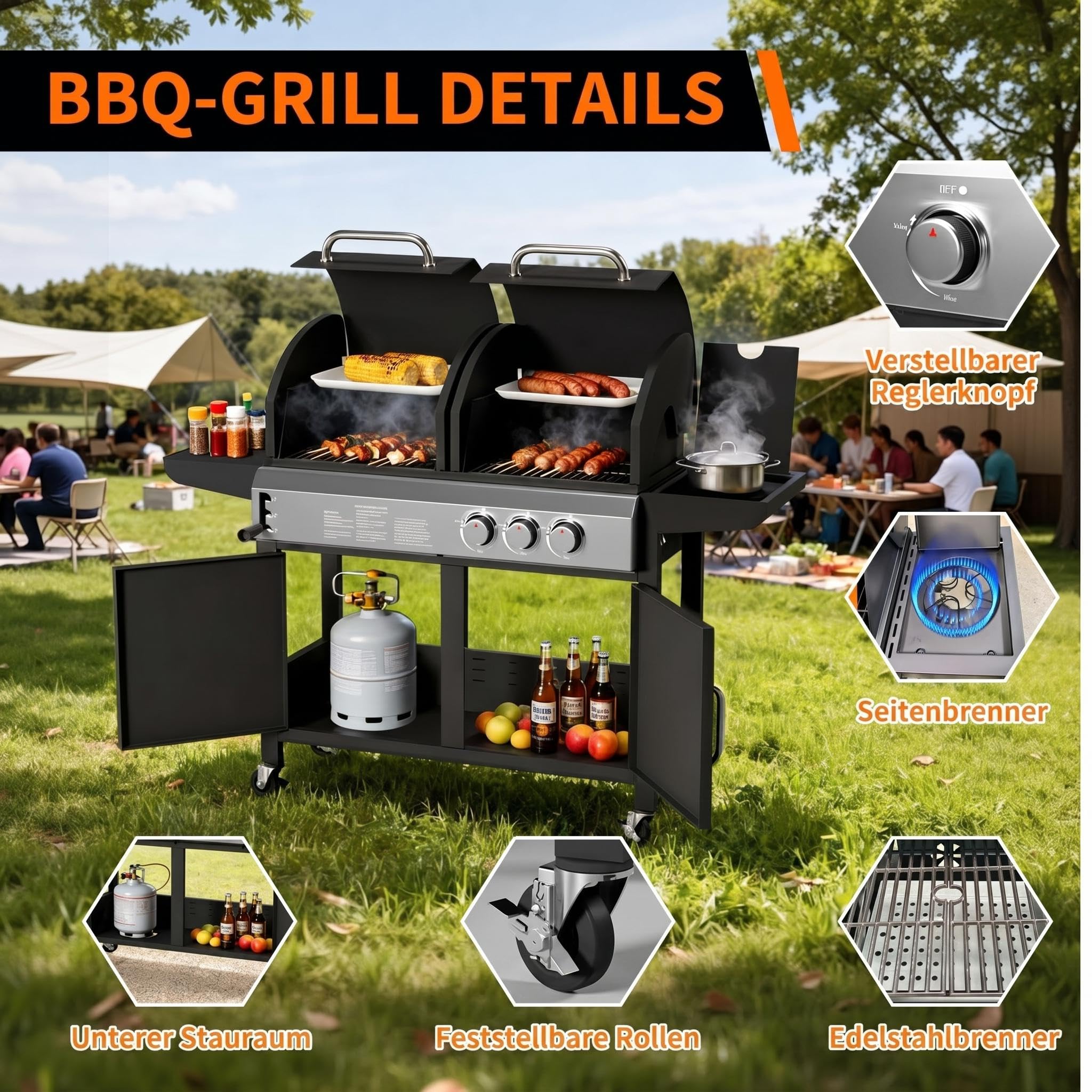2-in-1 Gasgrill und Holzkohlegrill Kombination, 3 Brenner mit 24.000 BTU, Edelstahl-Grillwagen mit Unterschrank und Rädern, Dual Fuel BBQ-Station für Garten und Terrasse
