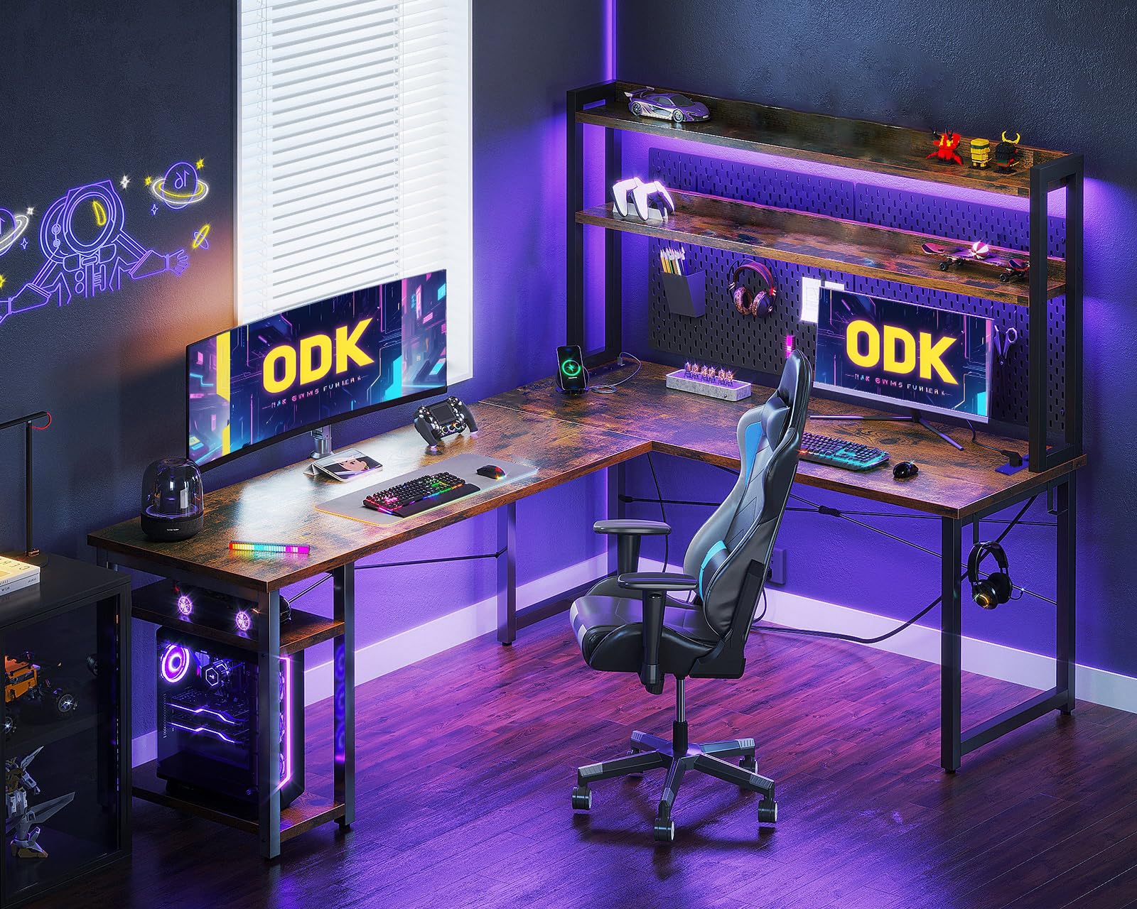 ODK Scrivania Gaming con LED, 168×120 cm Scrivania con Ripiano Reversibile, Scrivania ad L con Prese e Porte USB, Scrivania Gaming Marrone Vintage con Scomparti e Spazio di Archiviazione