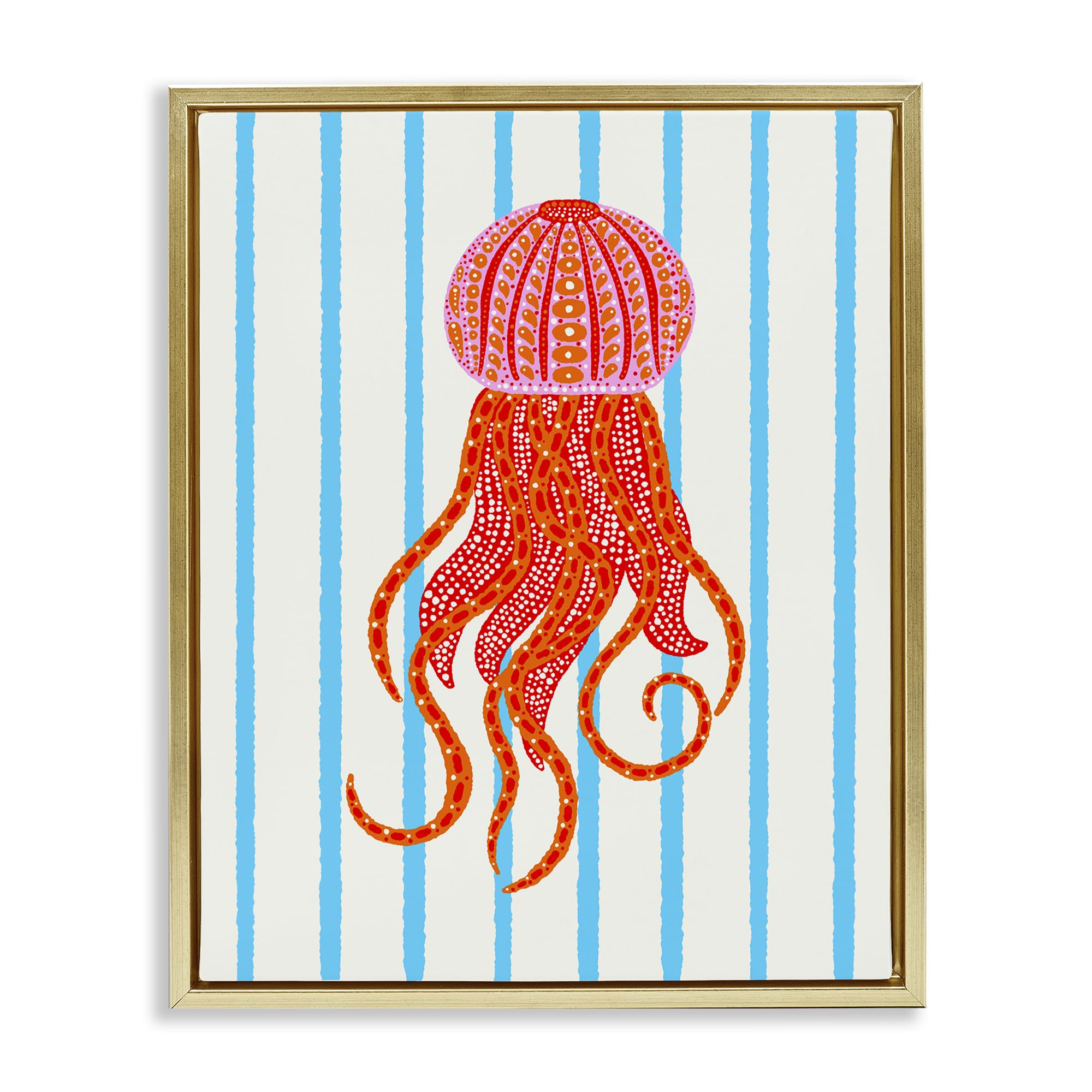 'Bright Aquatic Jellyfish on Stripes'| Floating Frame Canvas Art