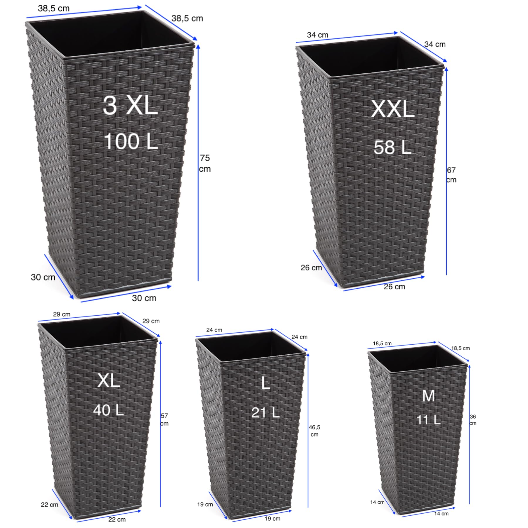 MELTOM Vaso per piante in plastica in rattan con inserto rimovibile alto (grafite, 3XL-75 cm)
