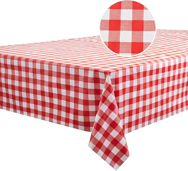 Amazon Brand - Umi Table Cloth - PVC Wipeable Clean Tablecloth, Waterproof Oilproof Plastic Table Cover Protector, for Home Kitchen Party Picnic - Red Plaid, 140x270 CM