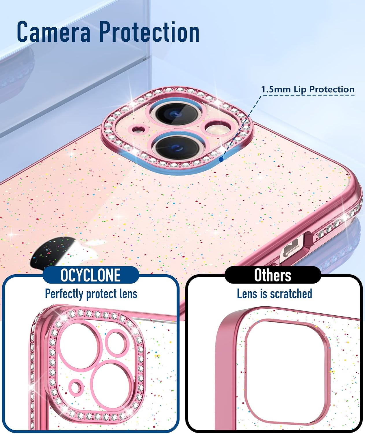 OCYCLONE Clear Glitter Compatible with iPhone 13 Case, Sparkle Diamond Case with Bling Camera Protection, Slim Soft Women Phone Case Designed for iPhone 13 6.1 inch - Clear Pink