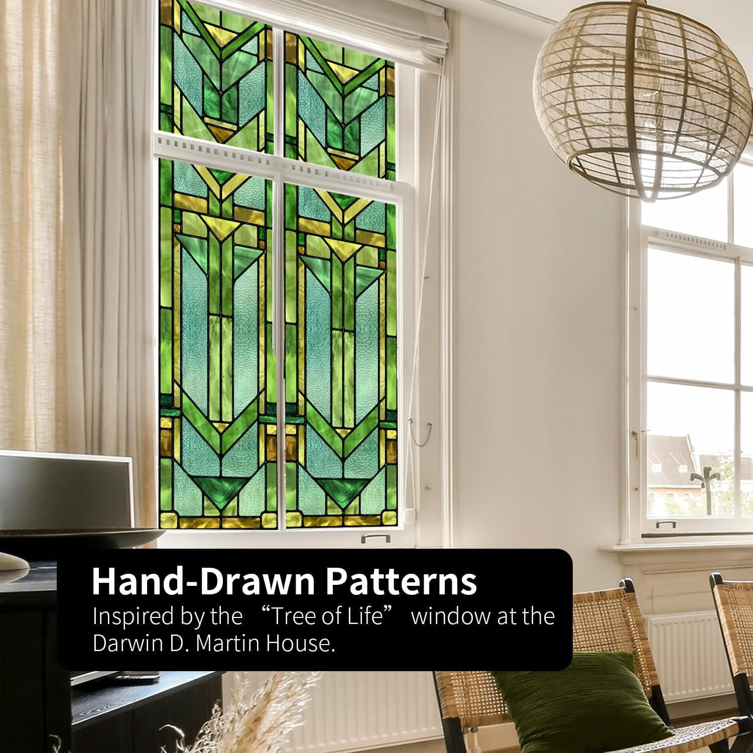Original Hand Drawn Faux Stained Glass Window Film, Double-Sided Privacy Static Film, Vibrant Chartreuse Geometry Patterns Inspired by Martin House Peep Proof 16.93"X84.65"