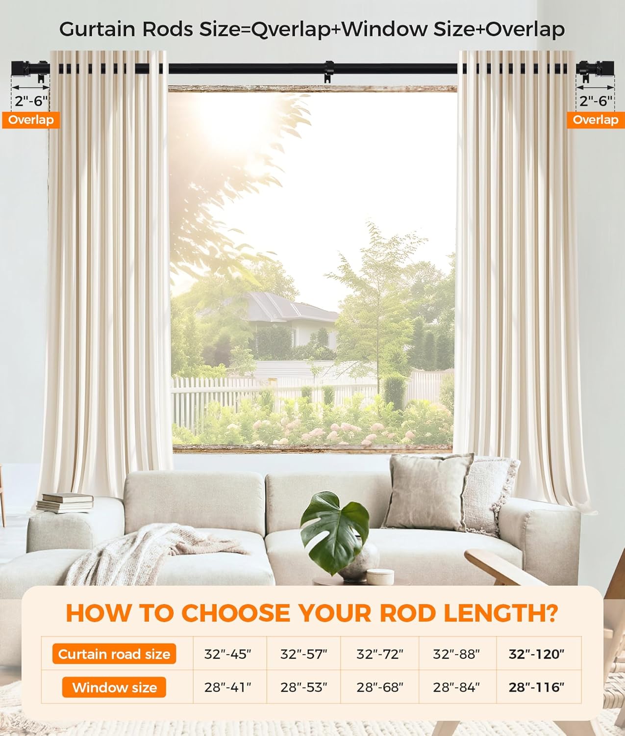 Curtain Rods for Windows Heavy Duty, Adjustable Curtain Rod 32 to 120 Inches, Metal Black Curtain Rod with Square Ends, Easy Install for Living Room Bedroom Kitchen