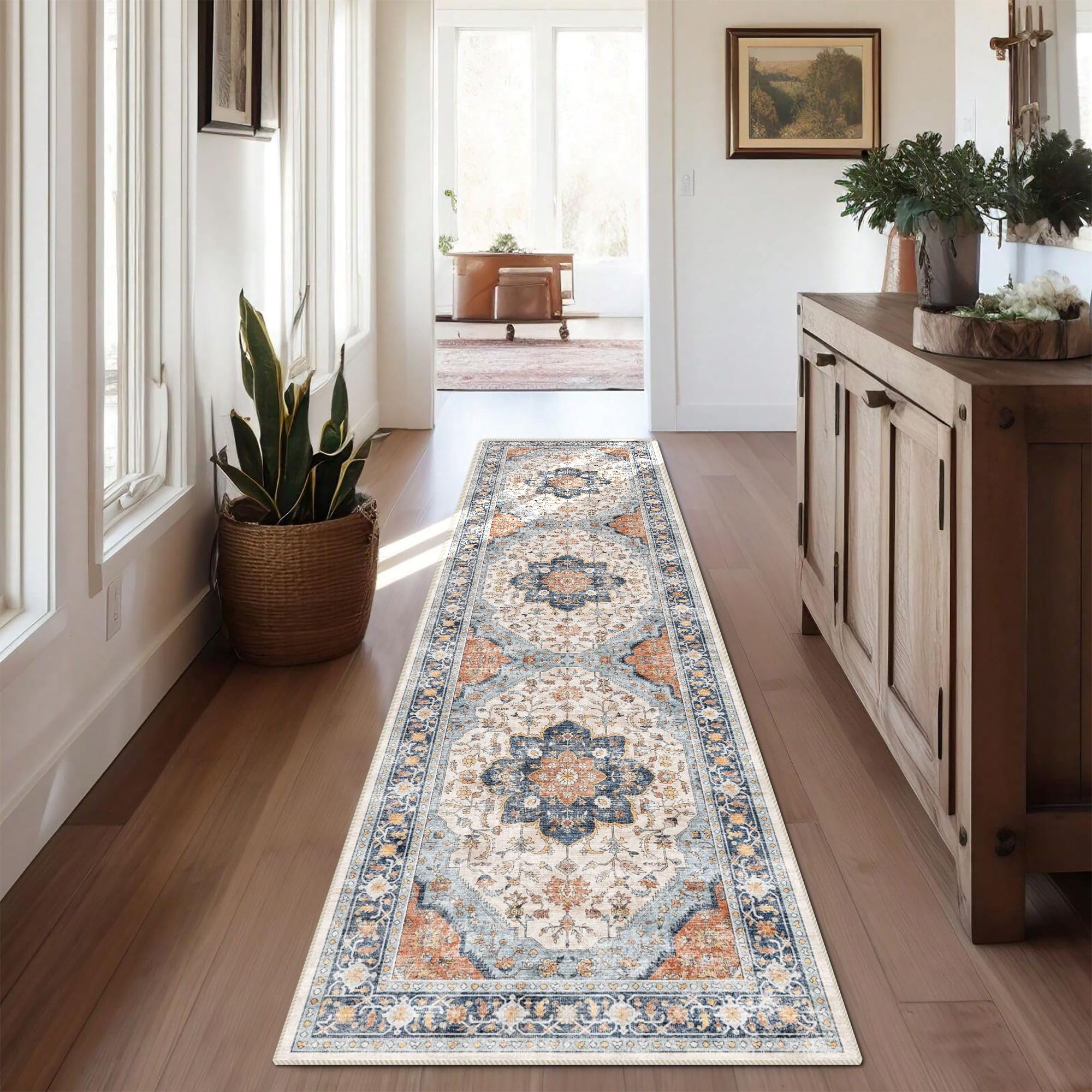 vivorug Runner Rug 2'x7' Washable Non-Slip Boho Runners for Hallways Kitchen Entryway Laundry Room Carpet Hallway Runner Orange/Navy