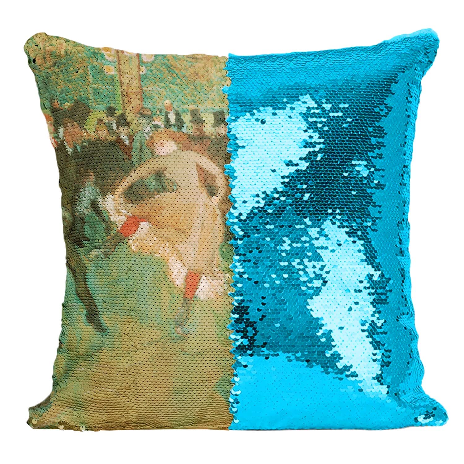 Coussin de haute qualité impressionniste Toulouse Lautrec et paillettes turquoise