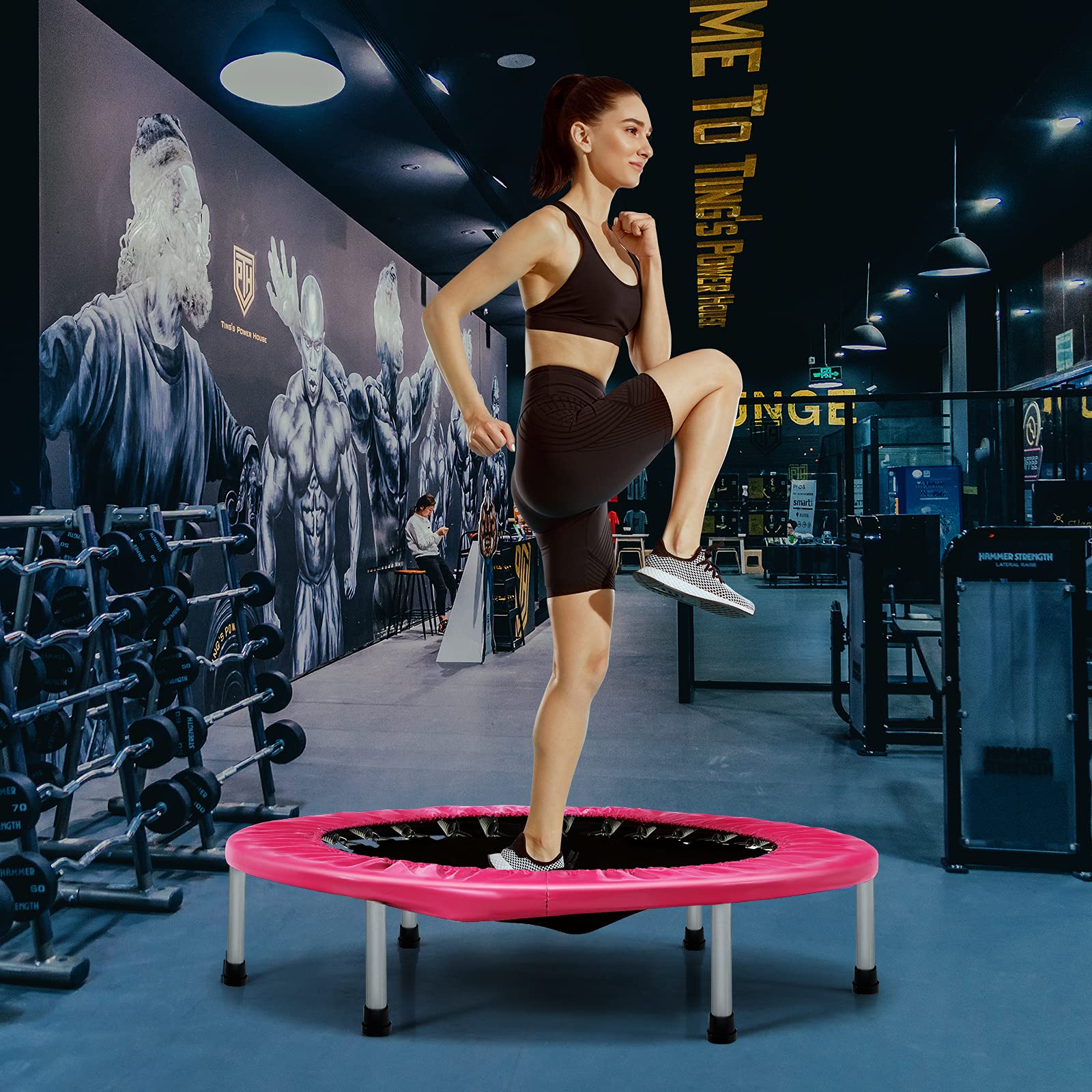 GOPLUS Składana trampolina dla dzieci, ze stali, udźwig do 150 kg, składana trampolina z antypoślizgowymi nóżkami, do fitnessu, utraty wagi, do użytku wewnątrz (różowa)
