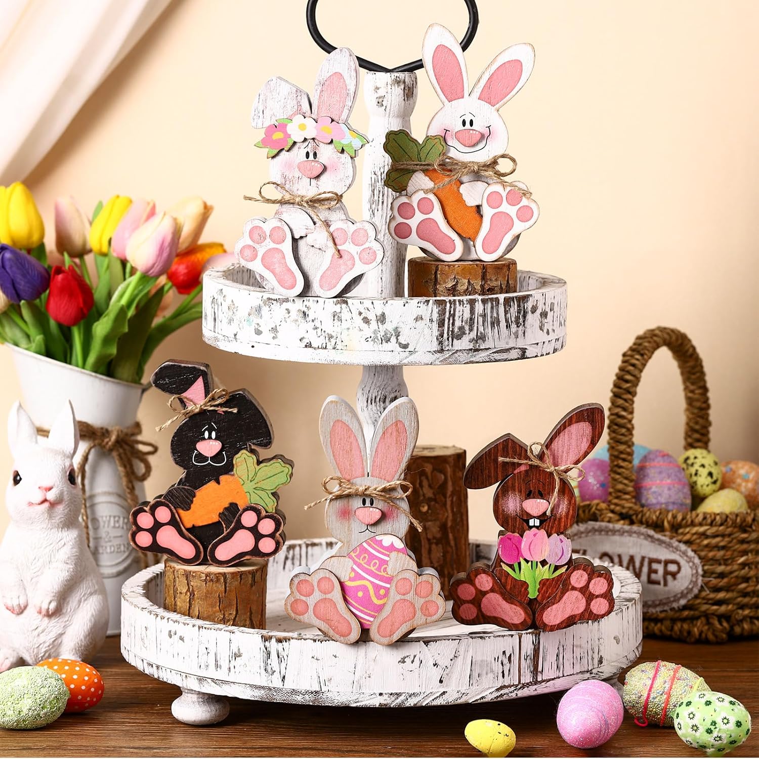 Yerliker 5 Pcs Rustic Easter Bunny Signs for Table Centerpieces Wooden Easter Tabletop Decor Vintage Rabbit Table Sign with Rope Bow Carrot Flower for Tray Desk Shelf Office Home Party Supplies - Image 7