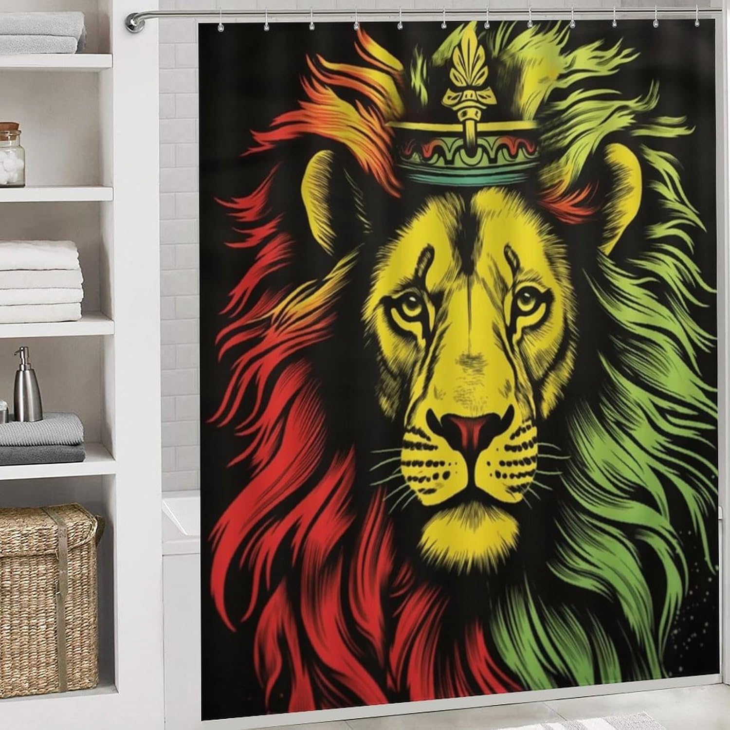 Jamaica Rasta Lion Crown 4 Pcs Bathroom Shower Curtain Set,Bathroom Sets with Rugs (Bath Mat,U Shape and Toilet Lid Cover Mat), Bathroom Decor Set