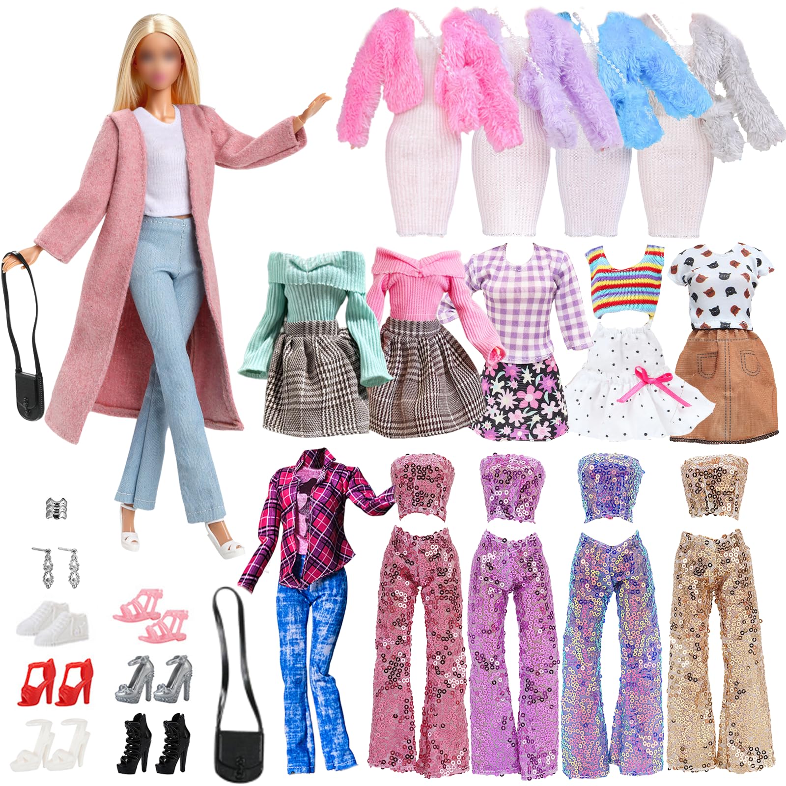 16 pezzi di vestiti e accessori per bambole da 11,5 pollici, cappotto rosa, vestito a motivo pied-de-poule, set casual, selezione casuale di 3 outfit, 6 scarpe, 2 borse, 1 paio di orecchini, 1