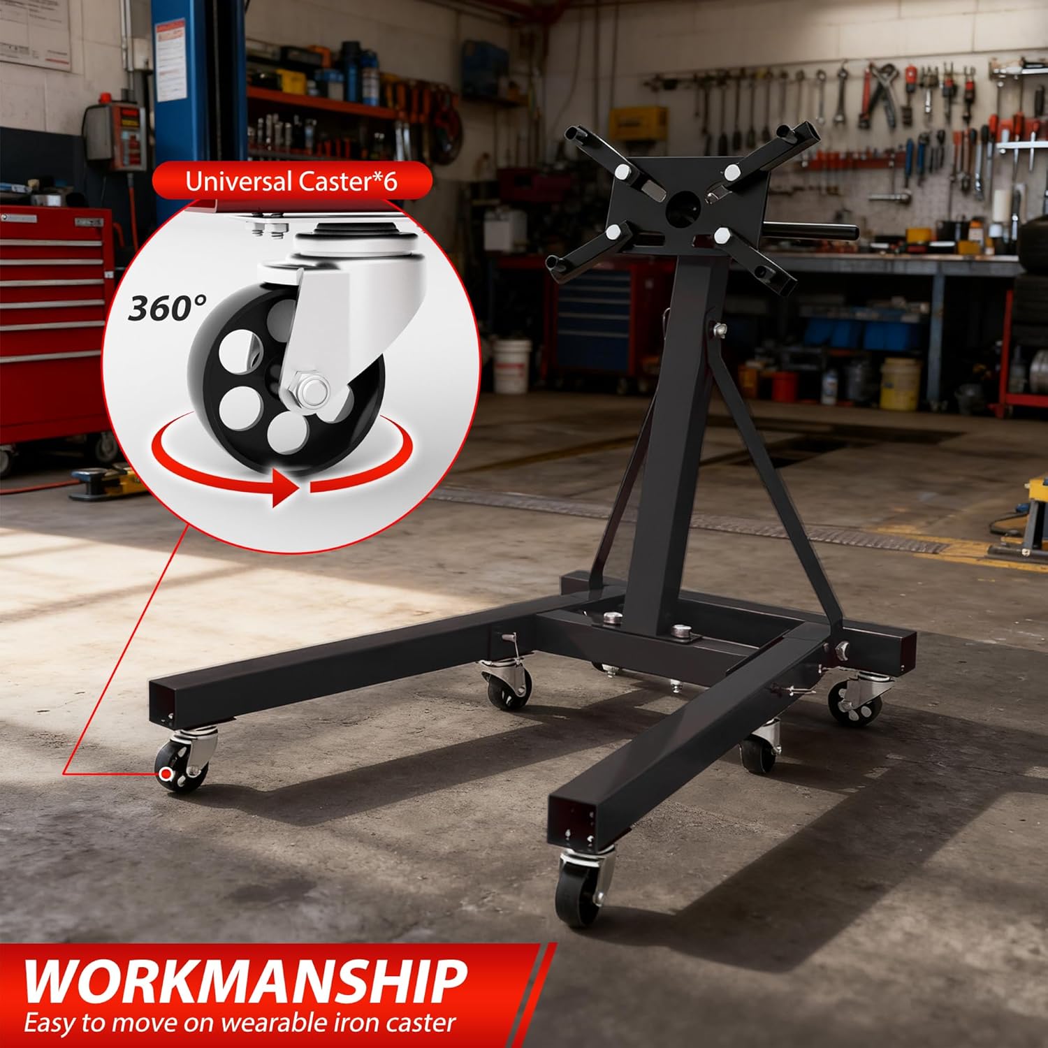 Heavy Duty Foldable Engine Stand 2000LBS Capacity, 360 Degree Rotating Head and Adjustable Arms for Auto Repair, Vehicle Maintenance, 6-Universal Casters, Black