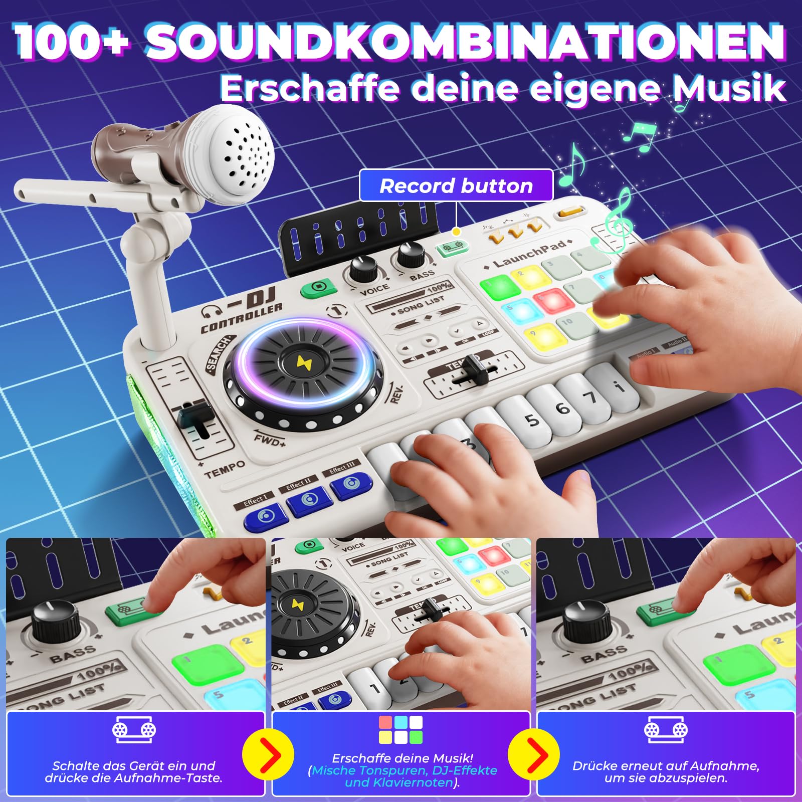DJ Pult DJ Mischpult für Kinder 3-10 Jahre DJ Mixer DJ Controller | mit Mikrofon, 100+ Soundeffekten, mit Licht Akku Ideales Geschenk Spielzeug für DJ-Mixer Jungen Mädchen 4 5 6 7 8 9 Jahre