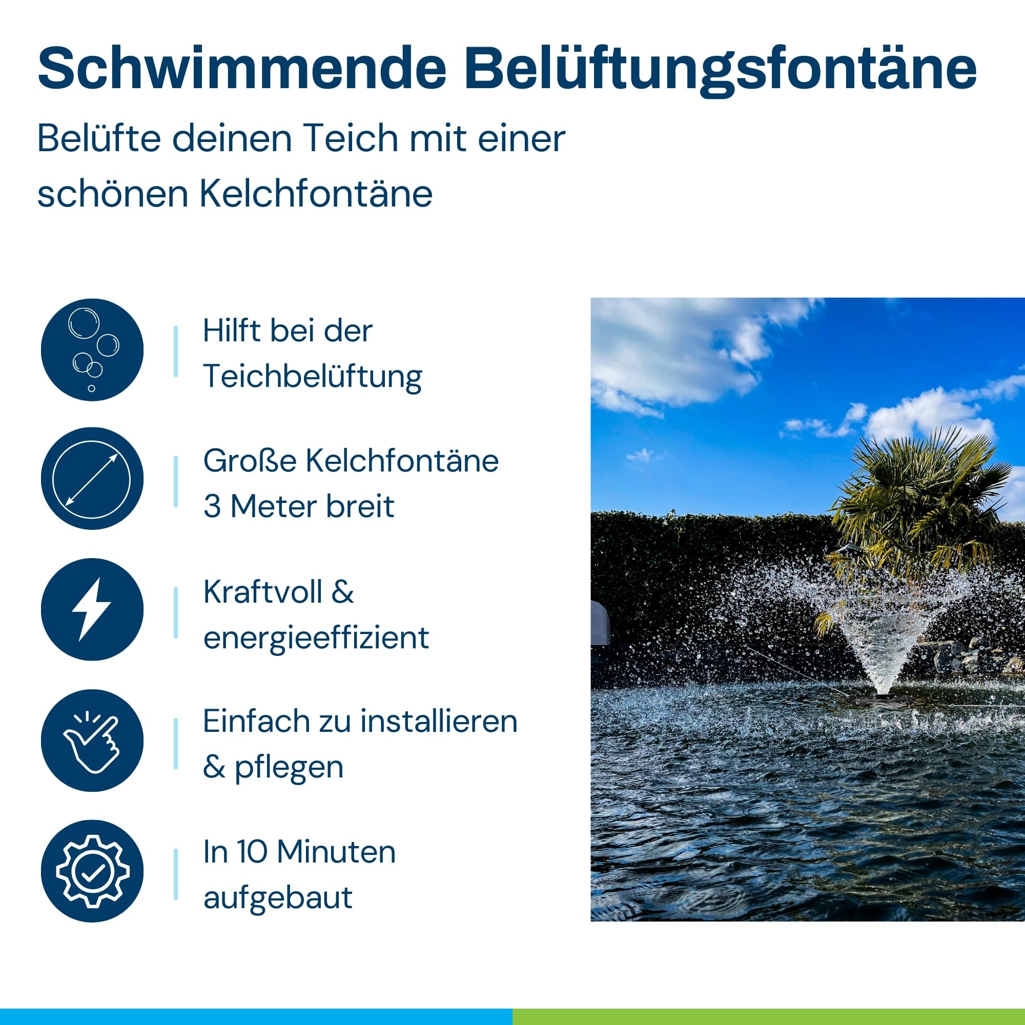 BluFountain - Elektrischer Schwimmender Teichspringbrunnen für Gartenteiche - Belüftung & Teichbelüfter - Wasserfontäne 3m Breit, 1m Hoch - Strömungspumpe, Fontäne - Schwarz - 20.000 L/h