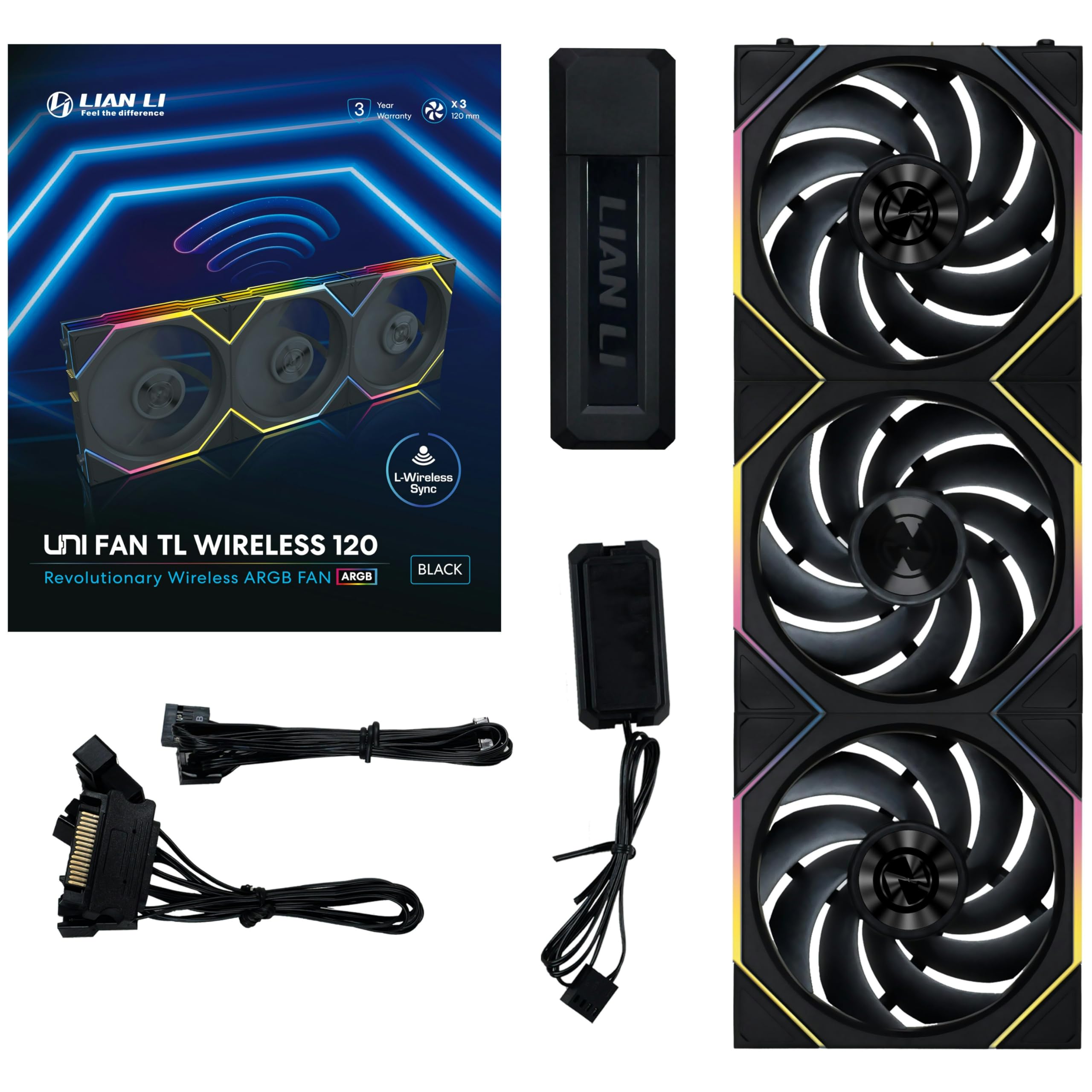 Lian Li UNI FAN TL Ventilatore per PC Wireless 120mm RGB - Confezione da 3 ventole per PC da gioco Nero | Ventole PWM - 26 LED ARGB - Fino a 2.600 RPM - Daisy Chain - Flusso d'aria elevato