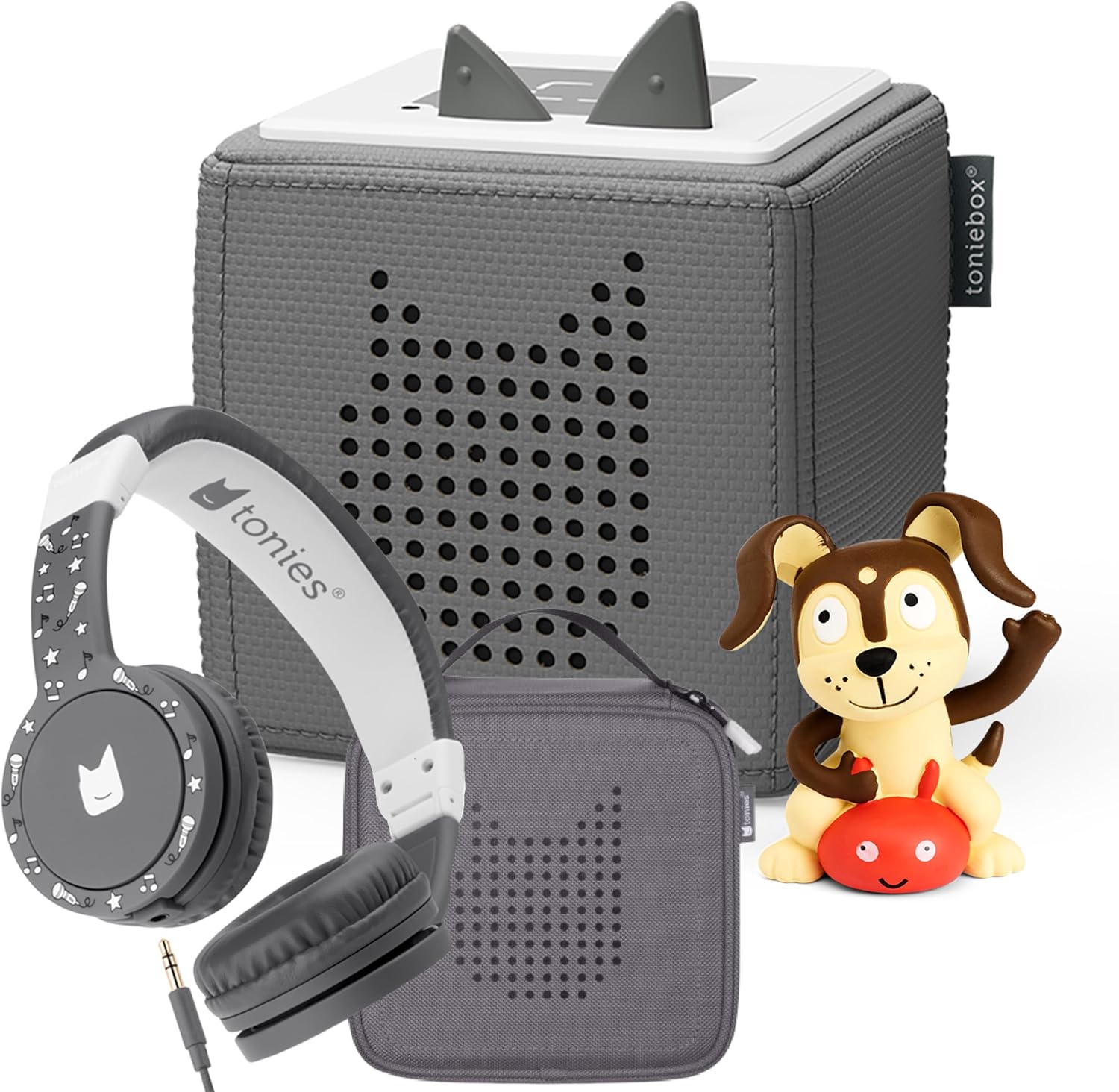 Toniebox 1 Audio Player Bundle with Playtime Puppy, Headphones, and Carrying Case - Gray