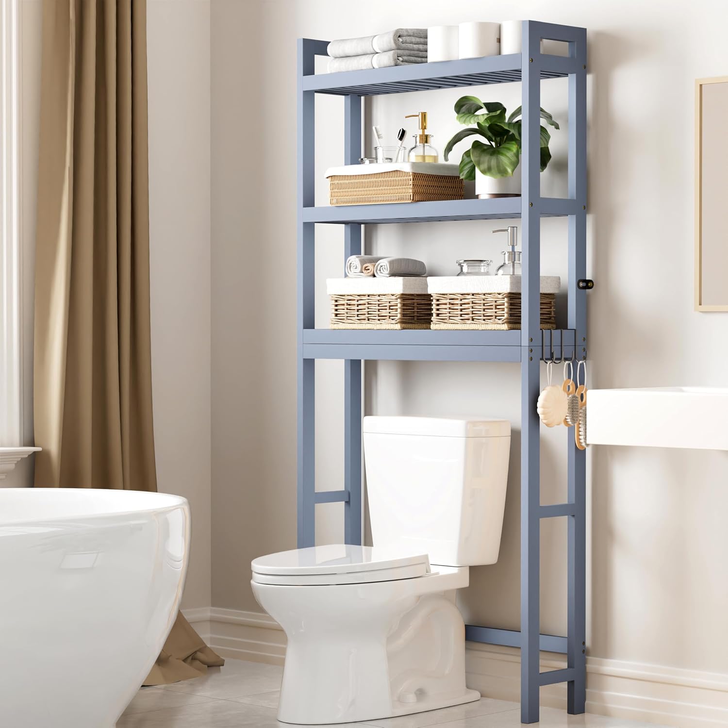 Smiry Over The Toilet Storage, Bamboo 3-Tier Over Toilet Bathroom Organizer with Adjustable Shelf, Fit Most Toilets, Space Saving, Stable Freestanding Storage Cabinet with 4 Hooks, Grey Grey 10.2"D x 24.8"W x 66.9"H