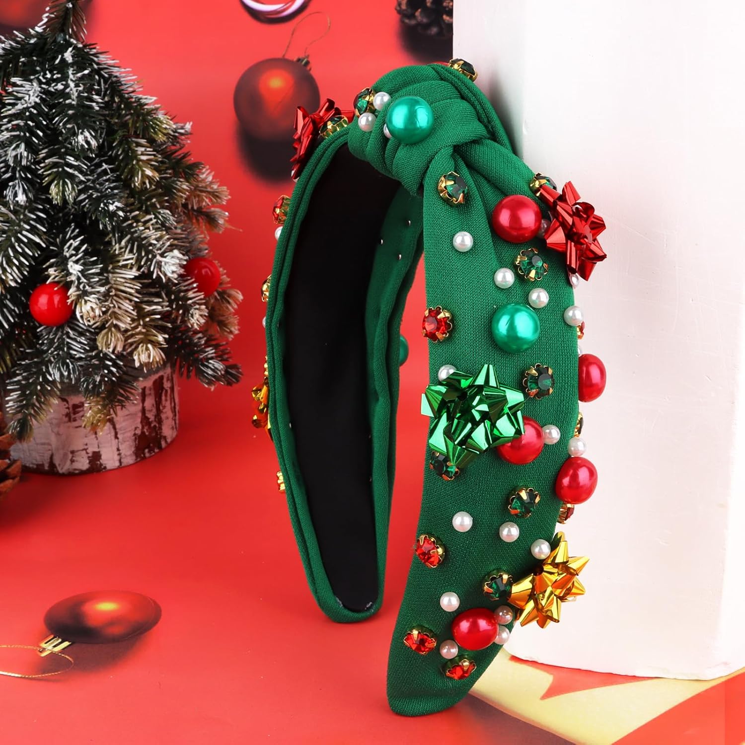 Christmas Headbands for Women Girls, Red Green Knotted Jeweled Headband, Cute Xmas Christmas Hair Accessories Holiday - Image 3