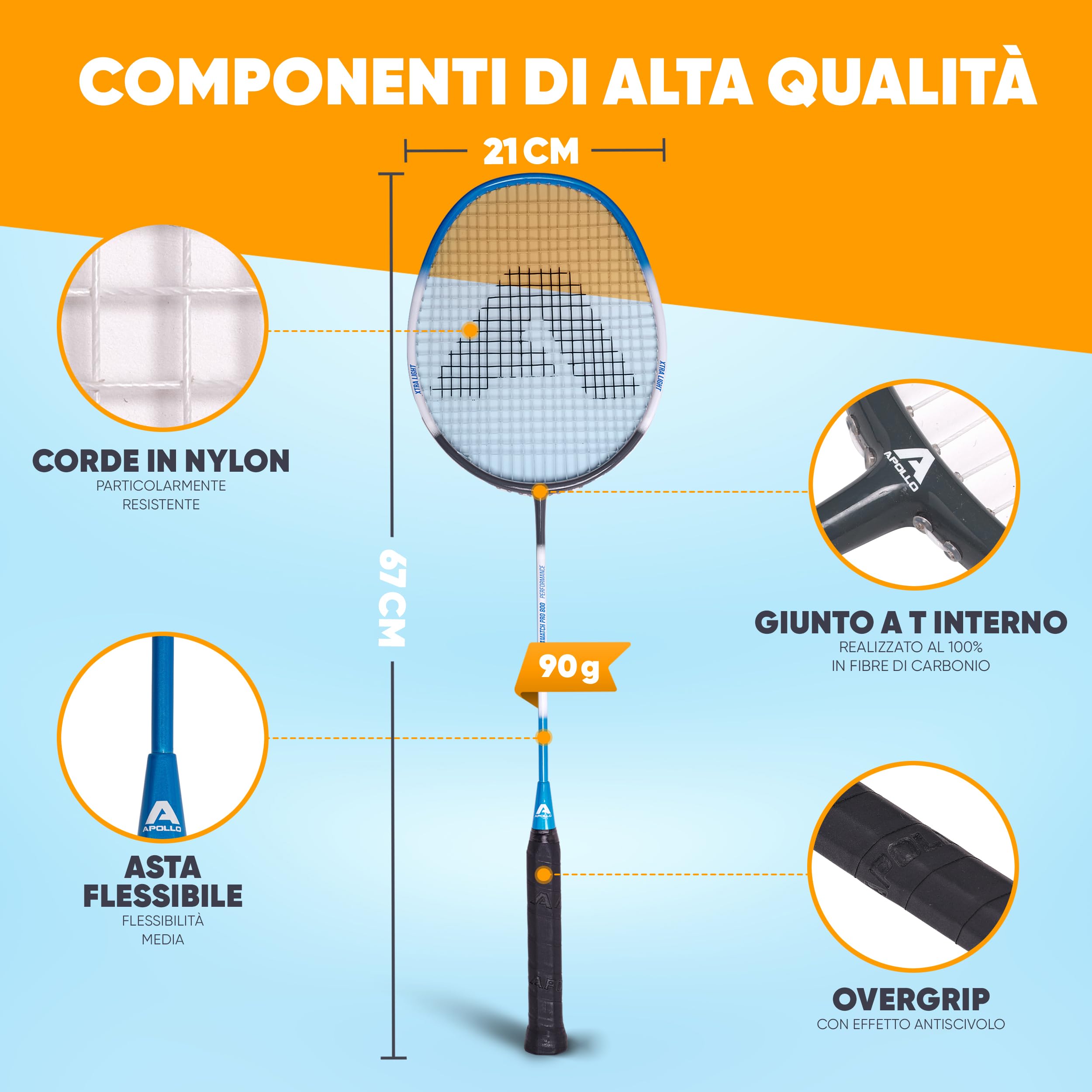 Apollo Set da Badminton Professionale | Racchetta in Carbonio per Allenamento, Sport e Intrattenimento | Con Borsa e Volano per Bambini