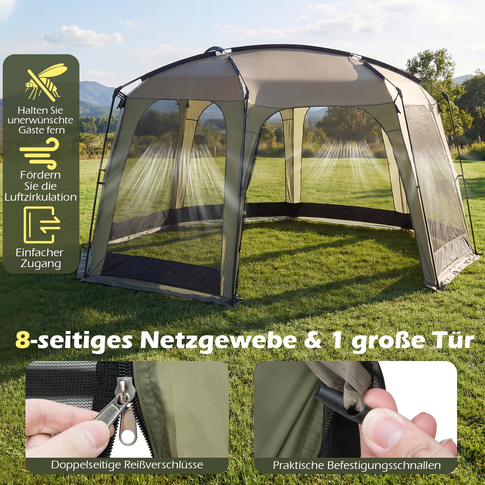 COSTWAY Namiot Pop Up dla 6-8 osób, przenośny namiot kempingowy z siatką i torbą do przenoszenia, ochrona przed słońcem, wentylacja 360°, namiot samorozkładający na kemping, taras, do ogrodu, na