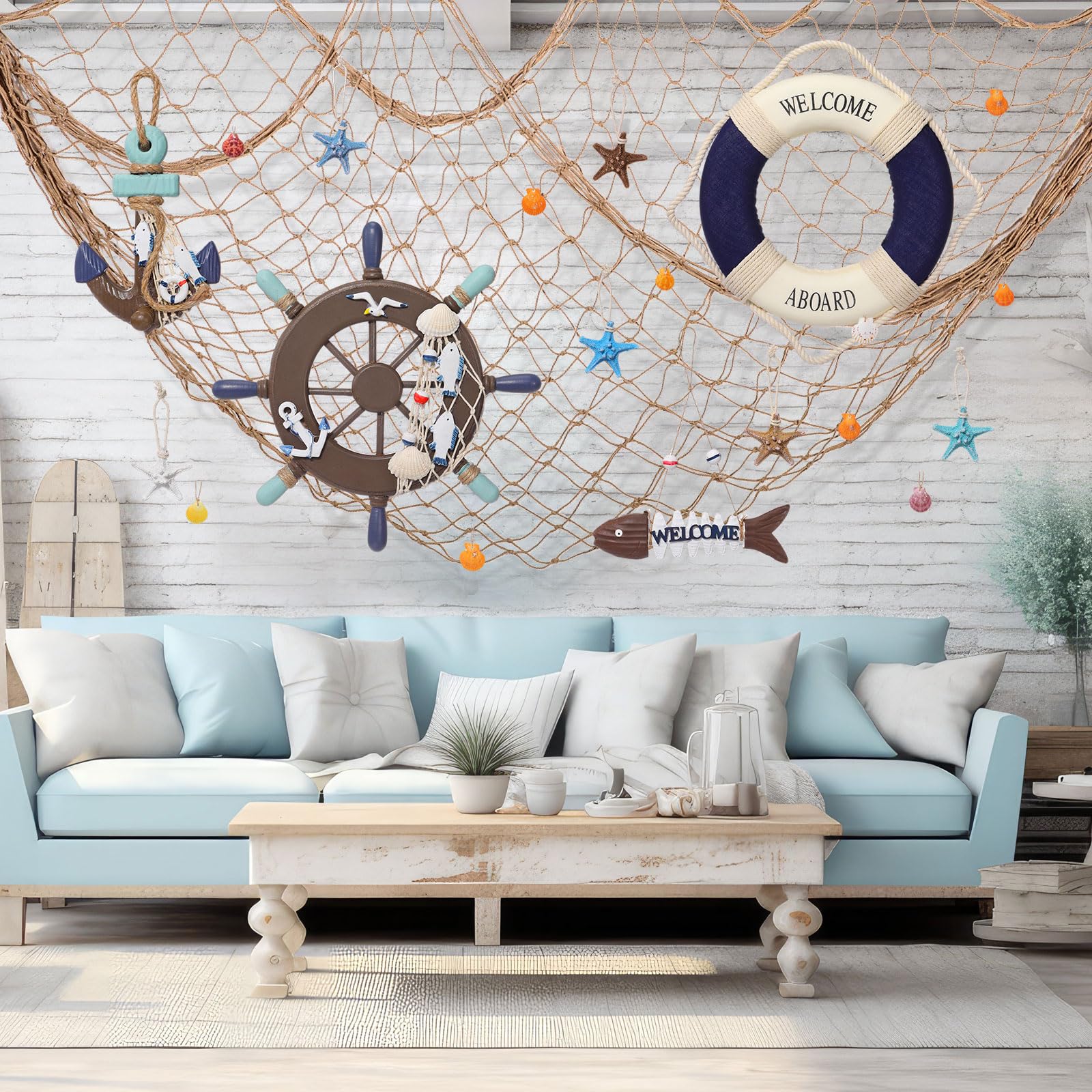 Marsui 11 Pcs Wooden Nautical Wall Decor Fishing Net Decoration, Include Decorative Fishing Net, Ship wheel, Fish Skeleton, Life Ring, Anchor, Starfish Beach Decor for Mediterranean Party (Brown) : Home &