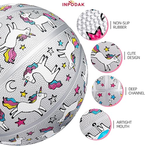 Miniatura 5 de INPODAK Baloncesto de 27.5 pulgadas, tamaño 5, para niñas, niños y jóvenes, para interiores y exteriores, con bomba y bolsa de malla