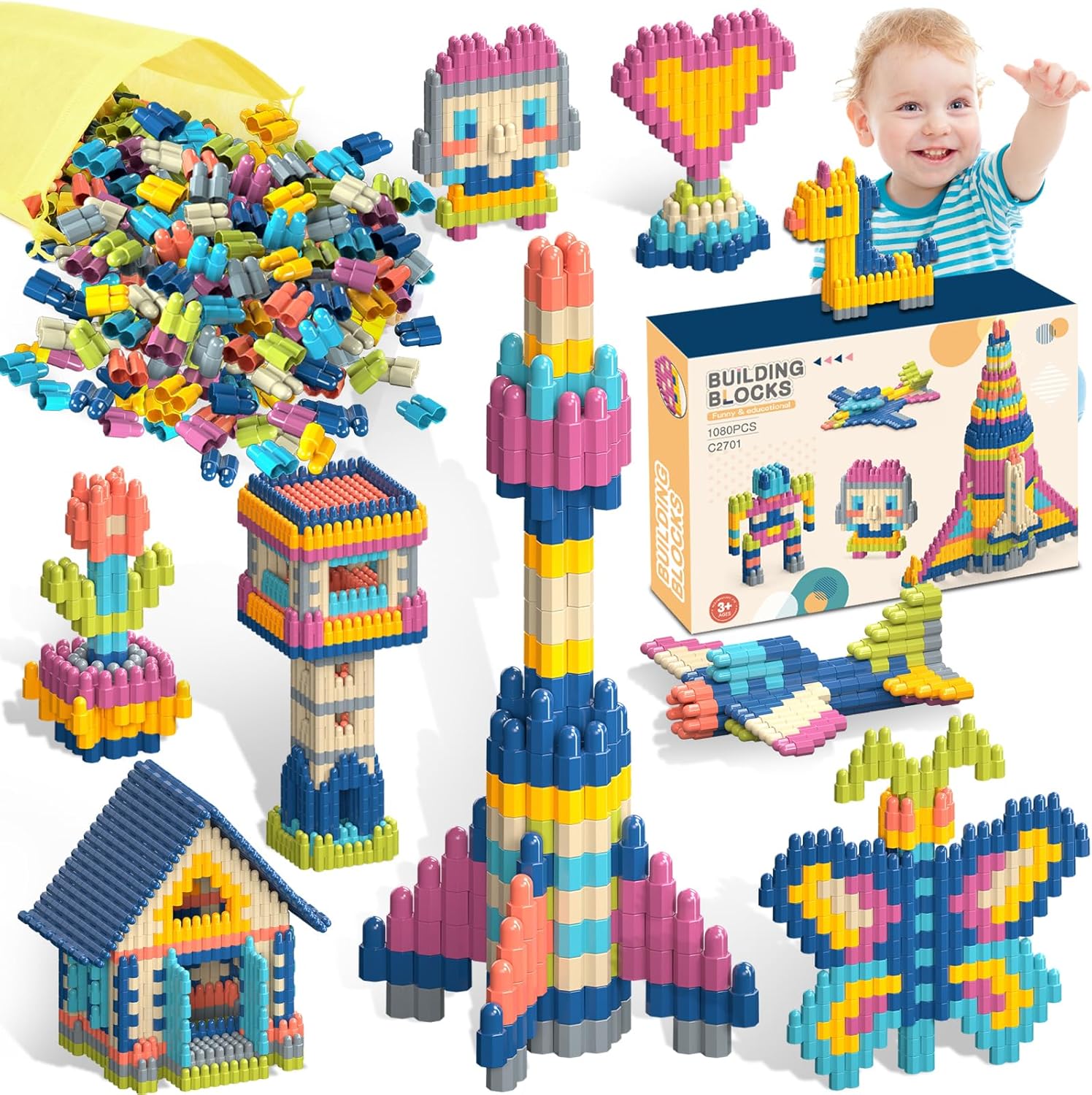 Building Blocks for Kids,1080Pcs Toddlers STEM Building
