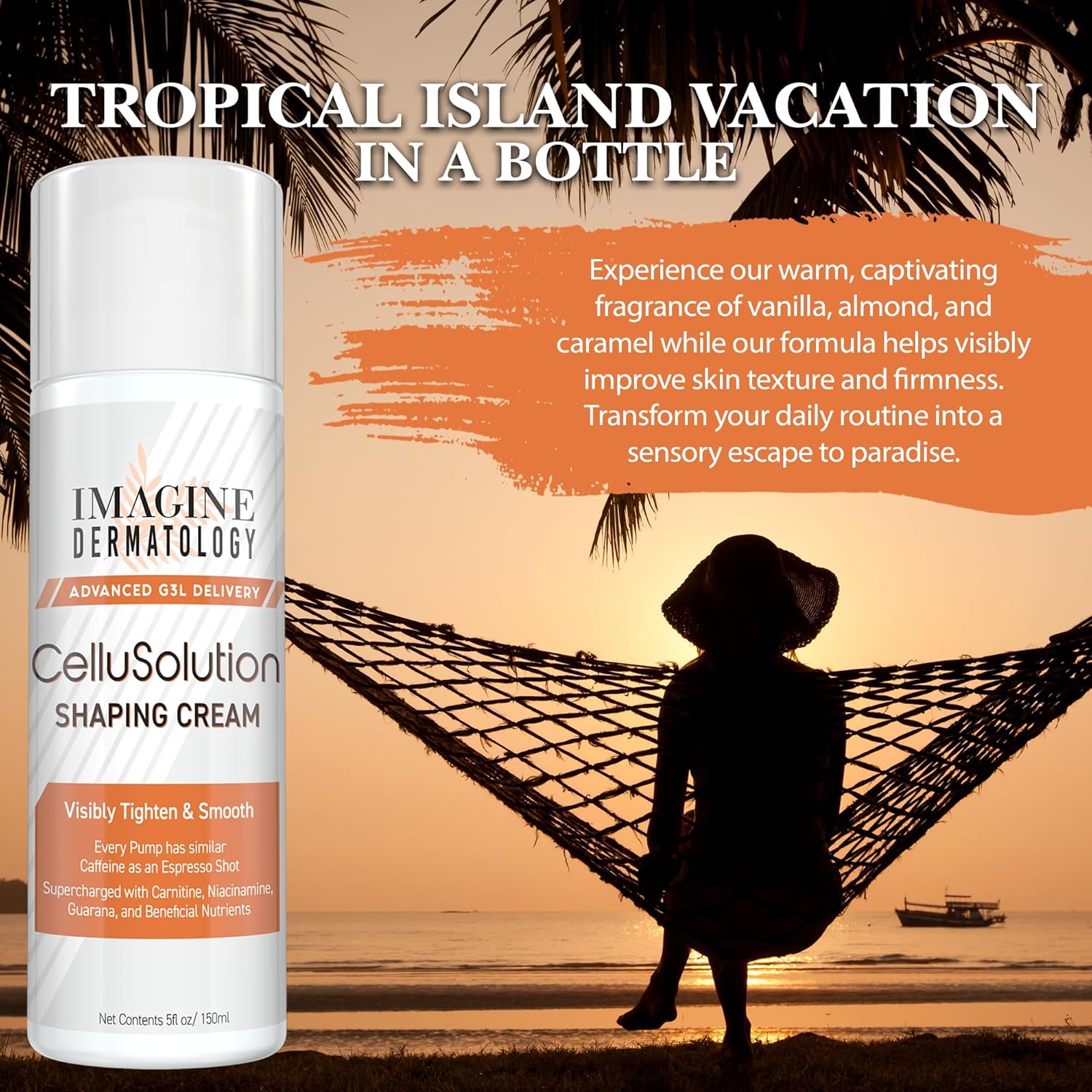 CelluSolution Caffeine Body Cream – Caffeine, Guarana, Licorice, & Niacinamide with Hyaluronic Acid, Hydrating Skin Cream Mess-Free Pump Bottle, 150ml/5oz - Island-Inspired Fragrance - Image 5