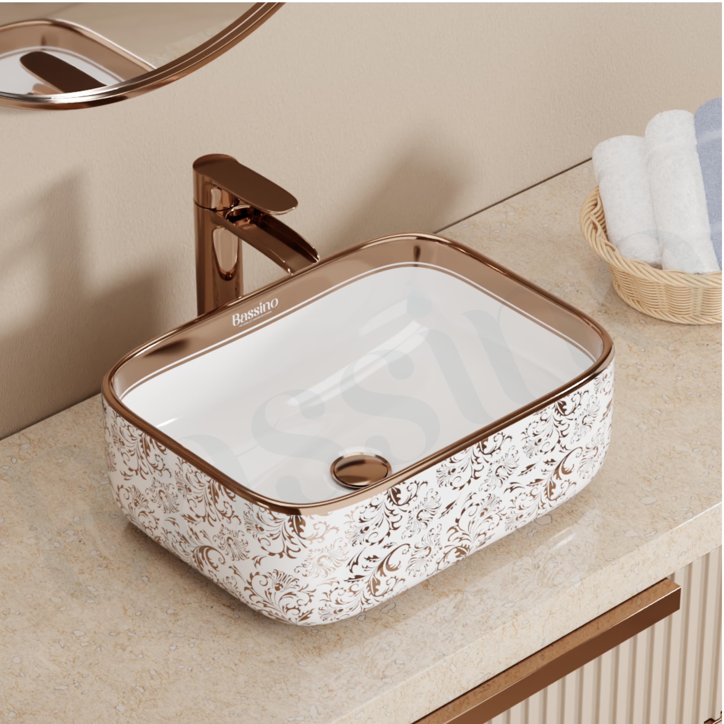 BASSINO Ceramic Wash Basin - White & Rose Gold -8 BASSINO Ceramic Wash Basin - White & Rose Gold -8