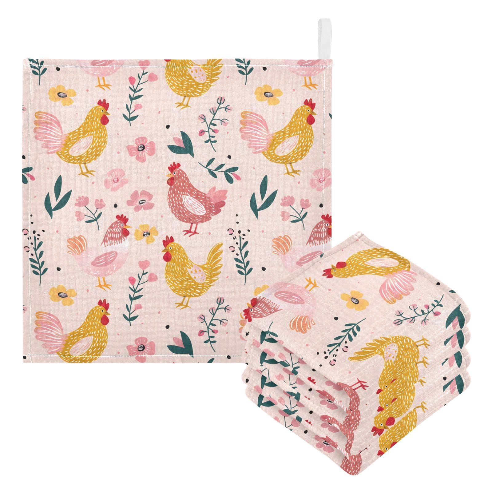 Bolaz Baby Gauze Towels for Kids Soft Handkerchief Newborn 100% Cotton Chickens Pink Absorbent 12x12 Inch 3 Pack