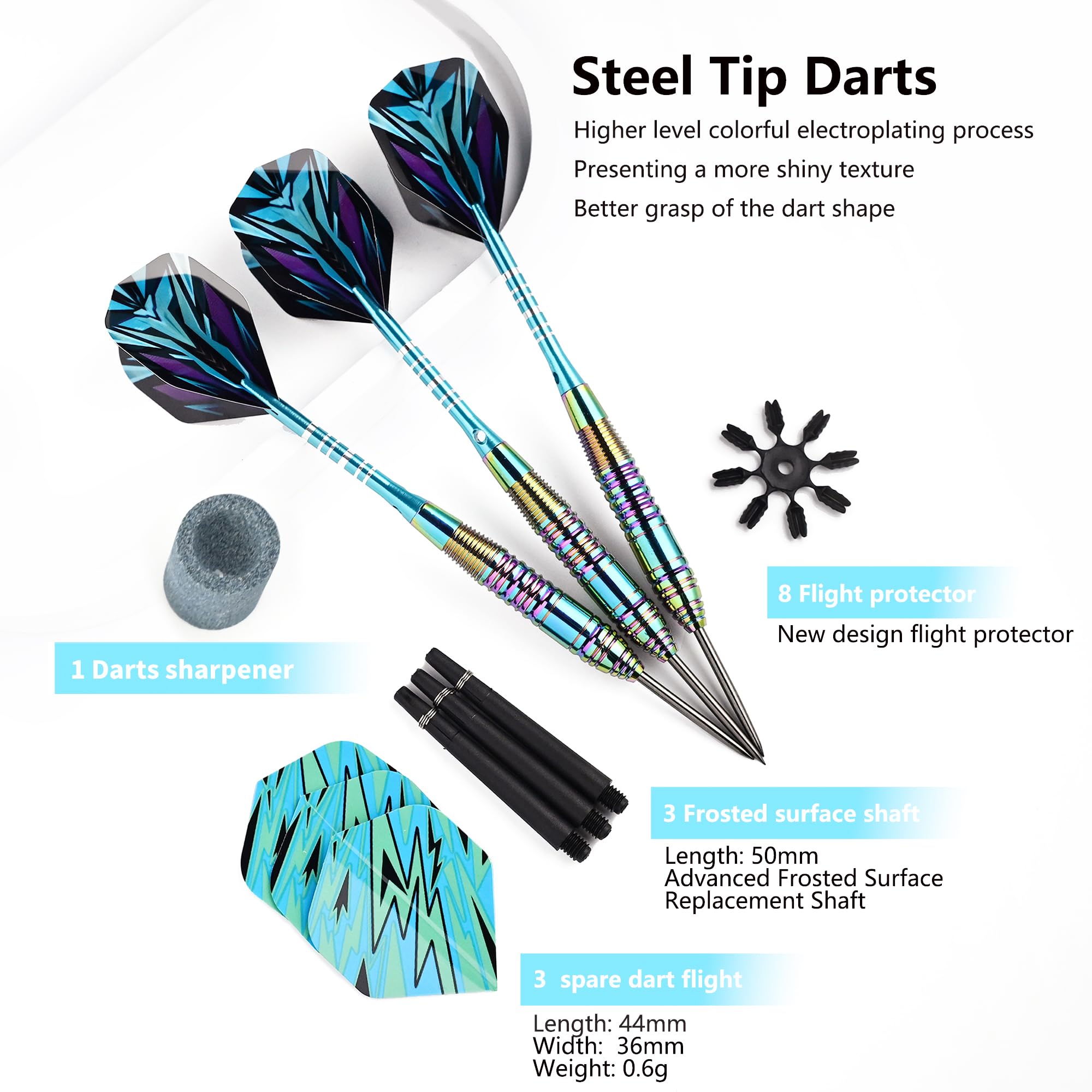 WinRoot 3 fléchettes 23g Fléchettes à Pointe Acier, Barillet Dégradé Multicolore, Tige en Aluminium Bleu, Ailettes Pet, avec Protège-Ailettes et Étui