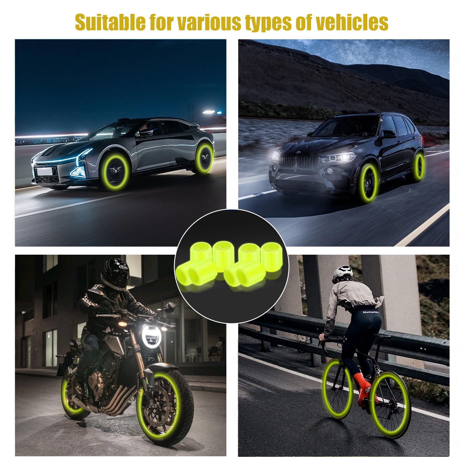 8PCS Dust Caps for Car Bike Tyres Universal Fluorescent Tire Valve Caps Glow in the Dark Car Bike Wheel Stem Covers, Durable Dust Caps Fit for Car, Children's Bicycles Safe at Night (Yellow) - 5