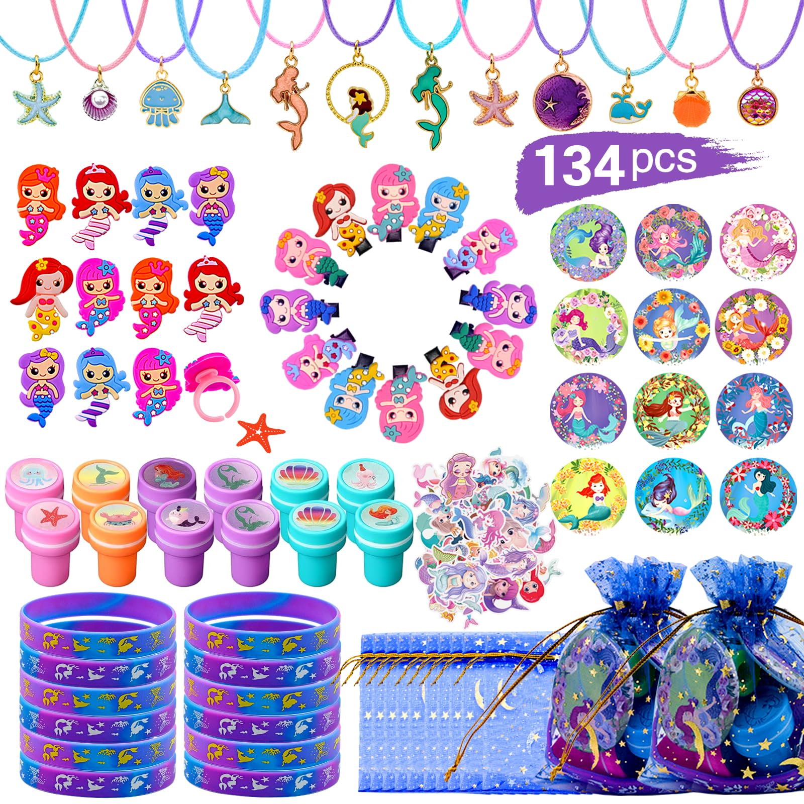 U-PTYTM 134Pcs Mermaid Party Favors Birthday Decorations for Girls, Party Supplies Include 12 Bracelet, 12 Necklace, 12 Hairpin, 12 Ring, 12 Stampers,