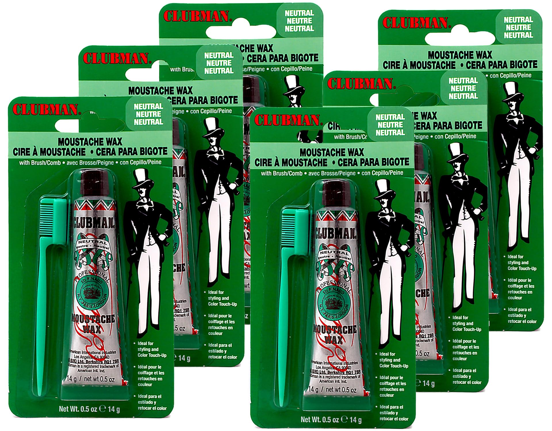 Clubman Pinaud Moustache Wax with Comb Applicator, For Styling & Color Enhancement, Neutral, 0.5 Oz (Pack of 6)