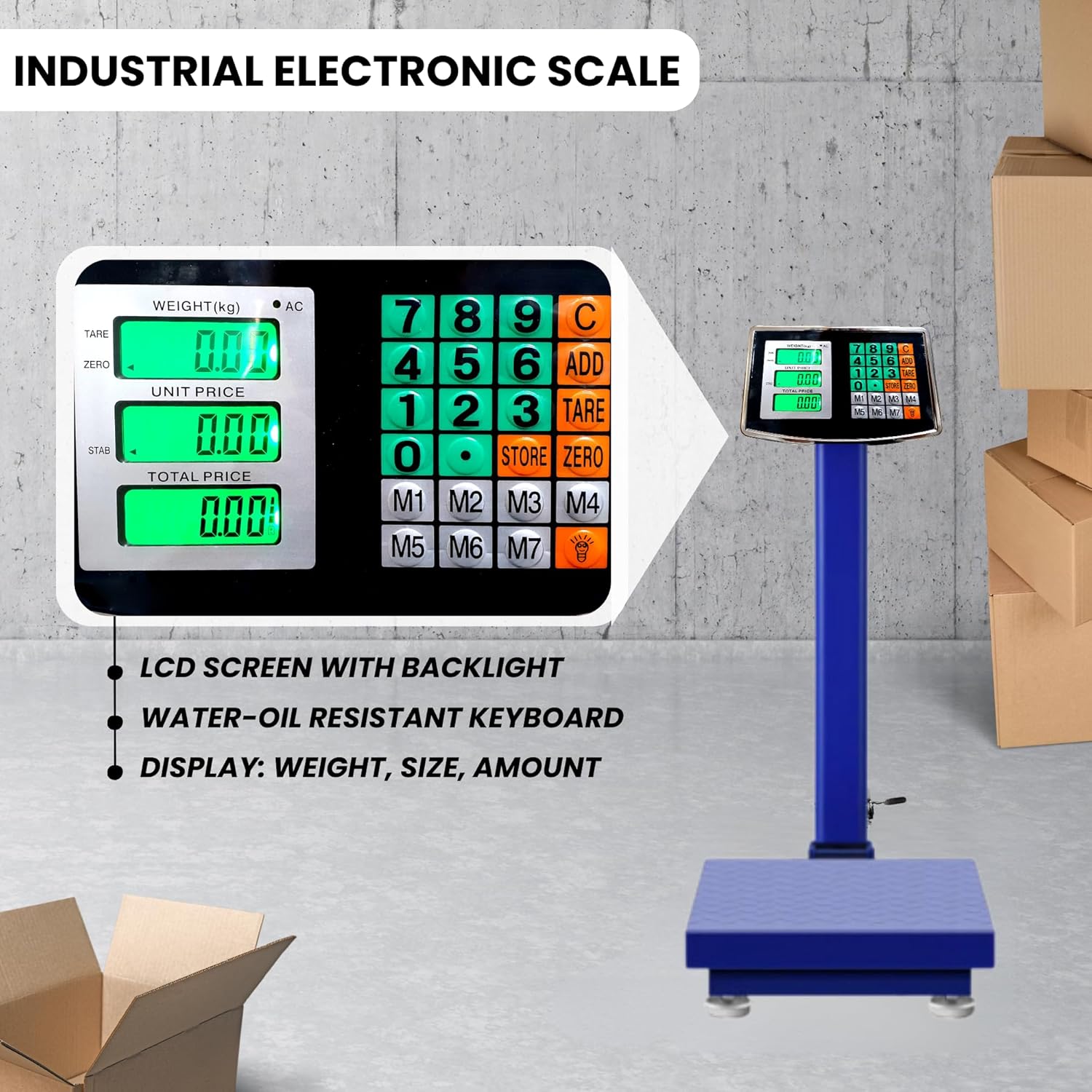 Close-up of the LCD display and control panel of the industrial scale, showing weight, unit price, and total price displays, along with an oil and water-resistant keyboard.