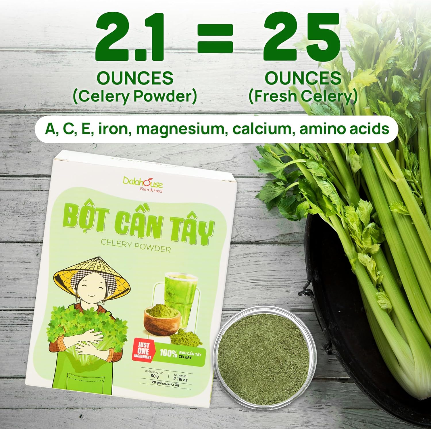 100% Freeze-Dried Celery Powder, Pure Juice for Women & Men, Nutritional Vegetable Supplement, Healthy Drink Mix, Smoothie & Baking Ingredient (20 Sachets x 2.1 oz) - Pack of 2
