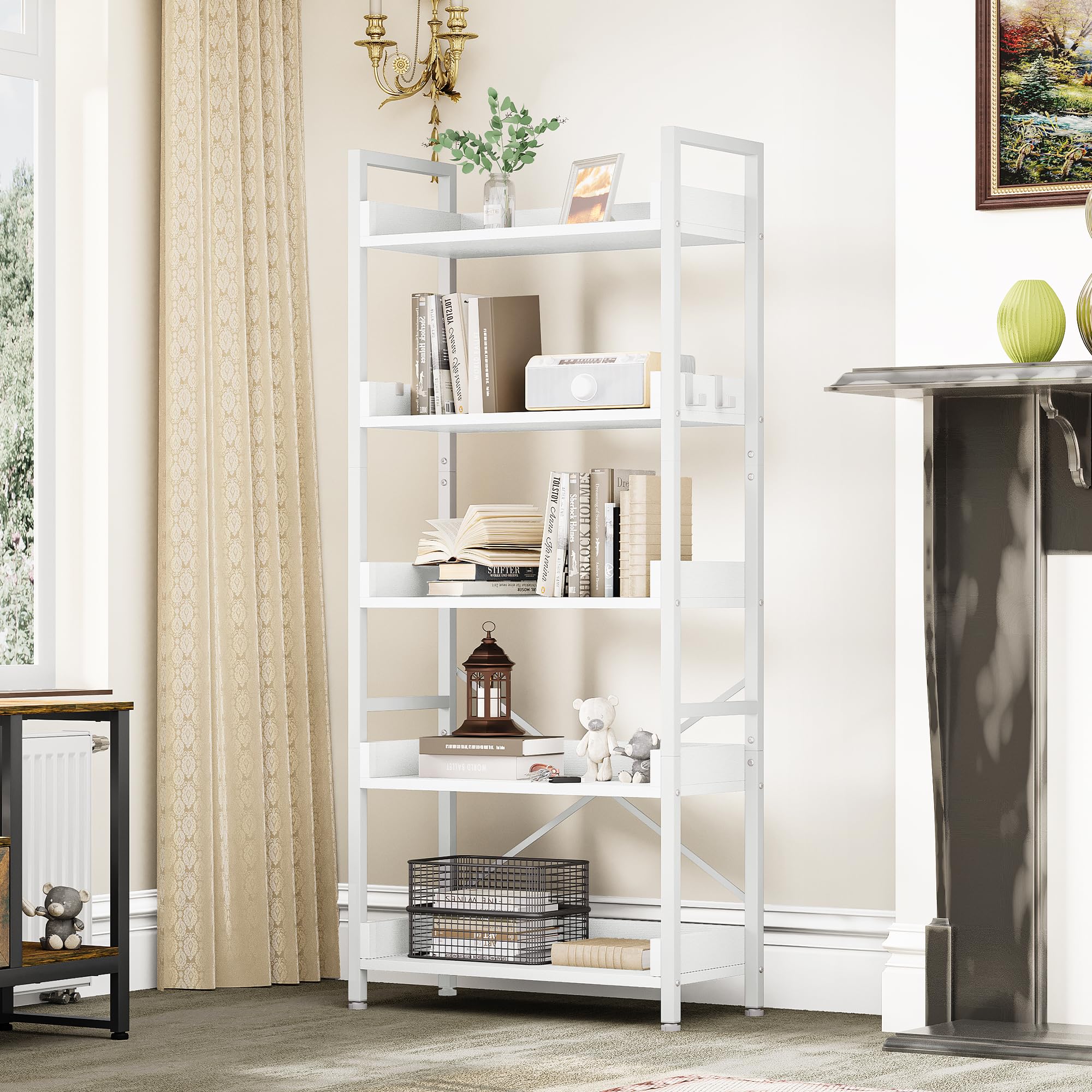 YITAHOME Librería de 5 Niveles, Estantería Industrial para Libros, Estante de Madera y Estructura de Acero Estable, estanterías con 4 Ganchos para Sala de Estar, Oficina en casa, Blanco Puro