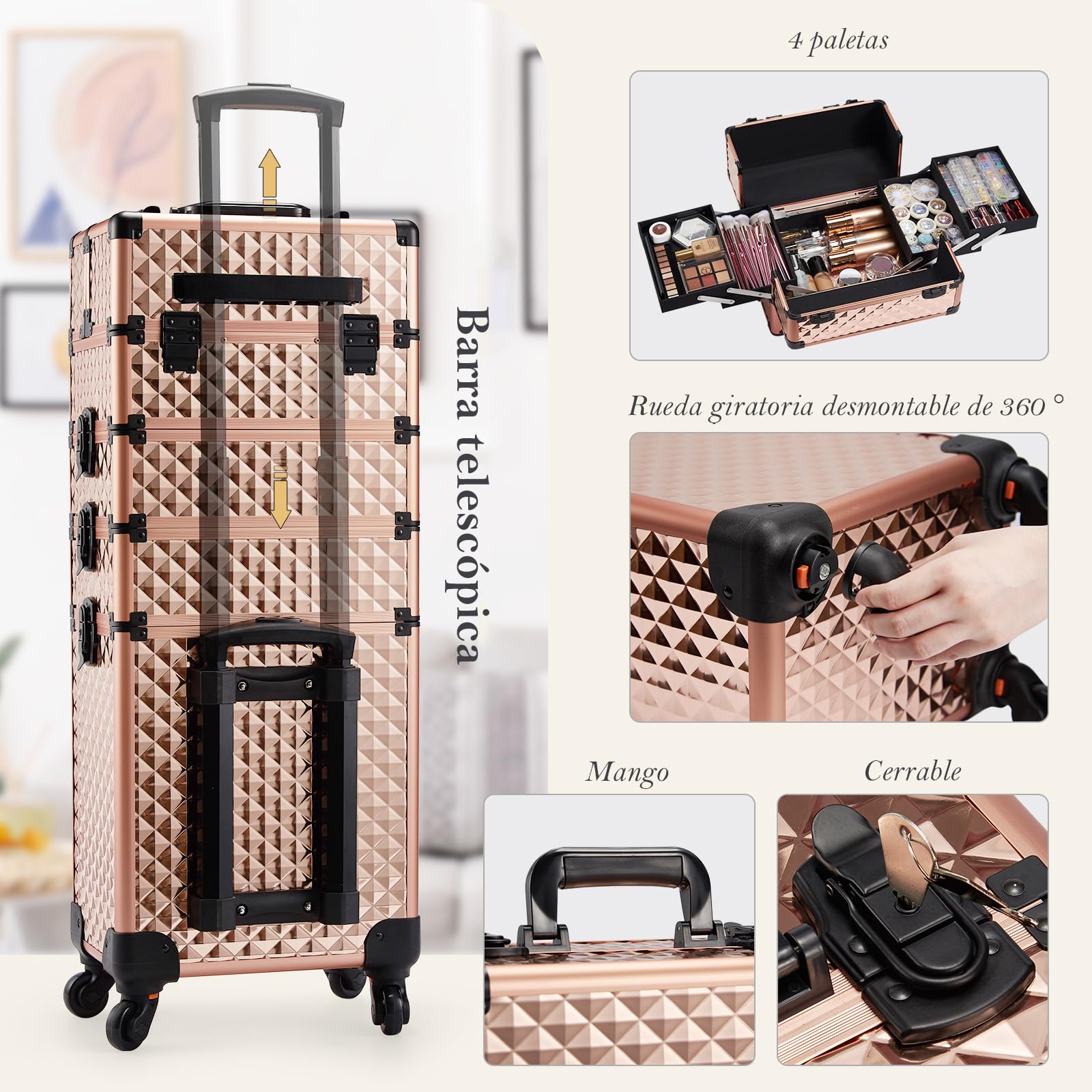 Maleta Maquillaje 4 en 1 Maletin Maquillaje Rueda de Gran Capacidad Caja Maquillaje Maletin de Cosméticos portátil con Cerradura Organizador de Maquillaje, Oro Rosa