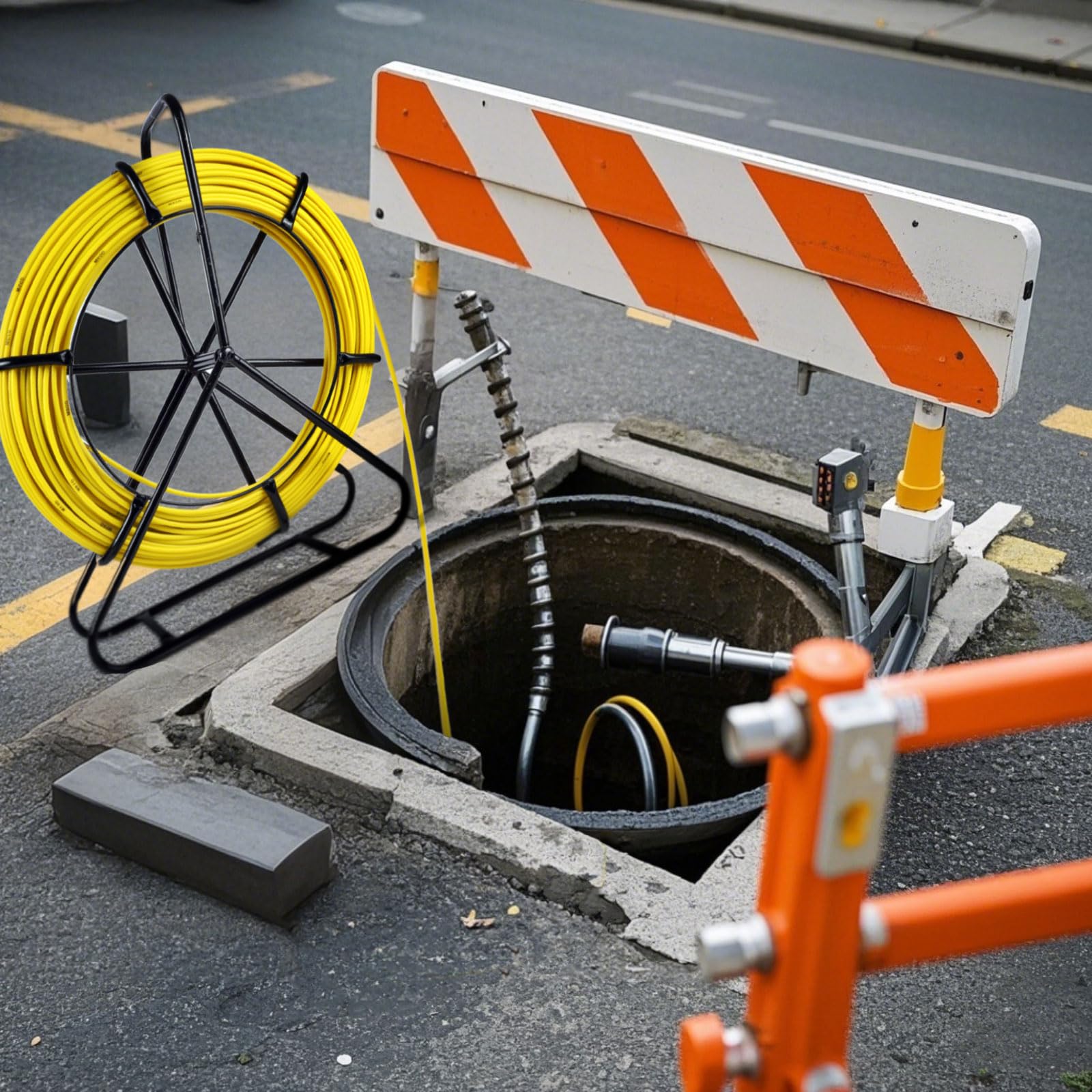 fish tape fiberglass 1/4 inch(6mm) 328 ft duct rodder fish tape puller fiberglass wire cable running with sturdy steel reel stand