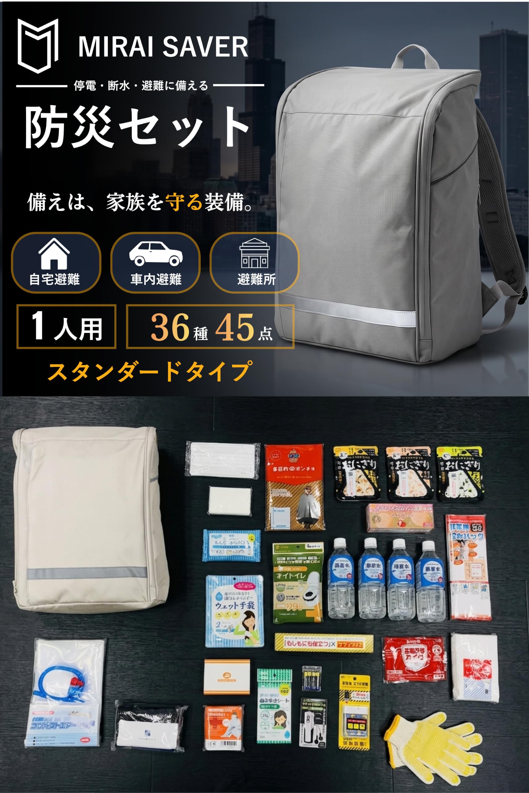 MIRAI SAVER 防災セット【衛生充実タイプ】37種類60点 1人用 Amazon.co.jp: 【36種類45点 1人用】 防災セット スタンダードタイプ