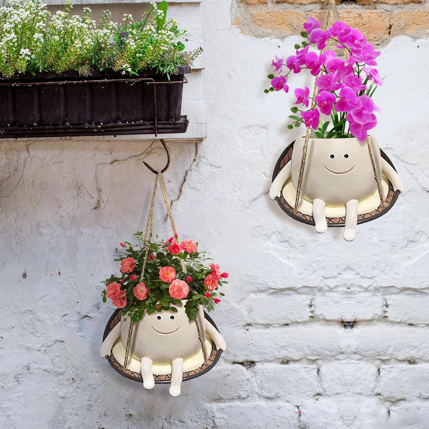 Smile Face Plant Pot Hanging Swing,Cute Head Swing Planter Pot for Indoor Outdoor Plants, Cute Swinging Plant Pot, Hanging Flower Pots, Face Planter Pot Head, Resin Succulent Planter…