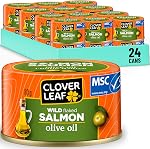 Clover Leaf Wild Flaked Huile d'olive de saumon, 80g, 24 Boîtes à sucre faciles - Salade de saumon rose en conserve à haute teneur en protéines pour snack & Repas principal - Omega-3 & Vitamine D - Pas de conservateurs ou d'additifs