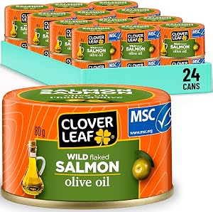 Clover Leaf Wild Flaked Salmon Olive Oil, 80g, 24 Easy-Peel Cans - Flavoured High Protein Canned Pink Salmon for Snack, Salad & Main Meal - Omega-3 & Vitamin D - No Preservatives or Additives
