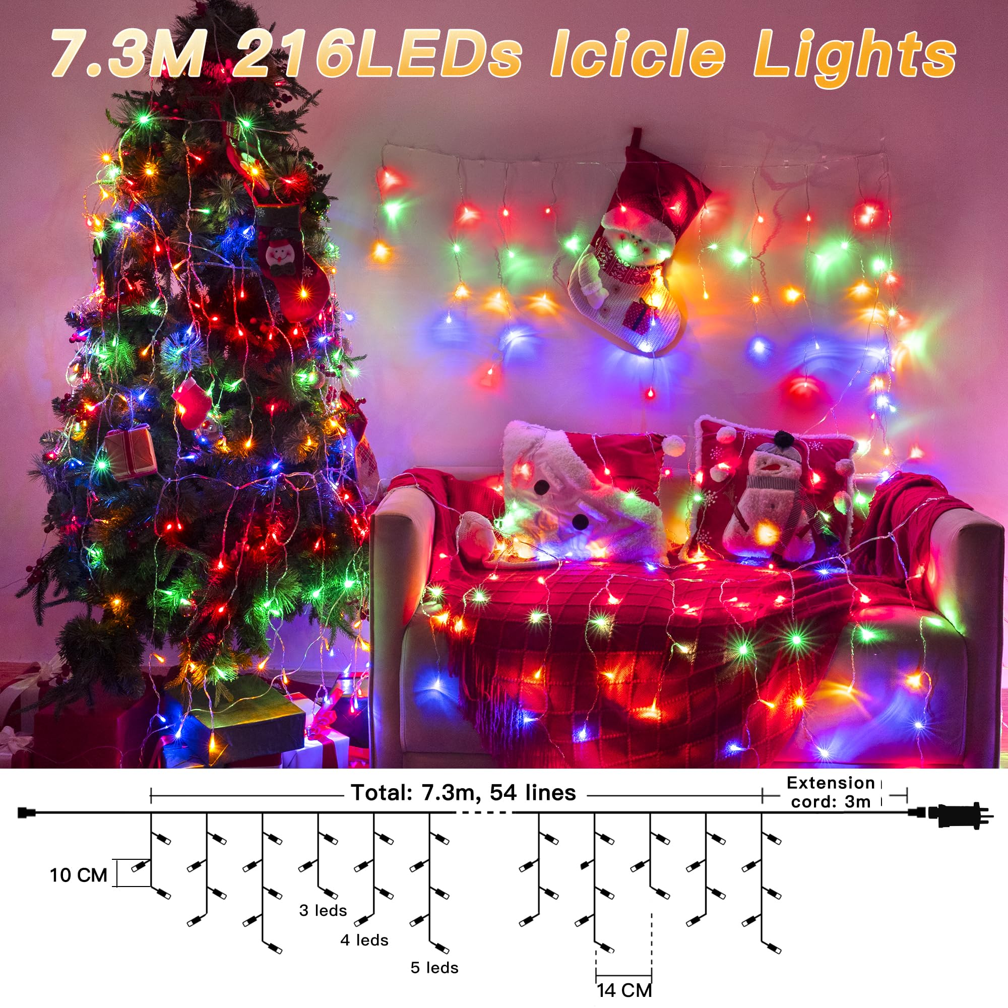 Hopexy Icicle Outdoor Christmas Lights, 216 LEDs 7.3m Waterproof Connectable Outside Fairy Light Mains Powered - Image 2
