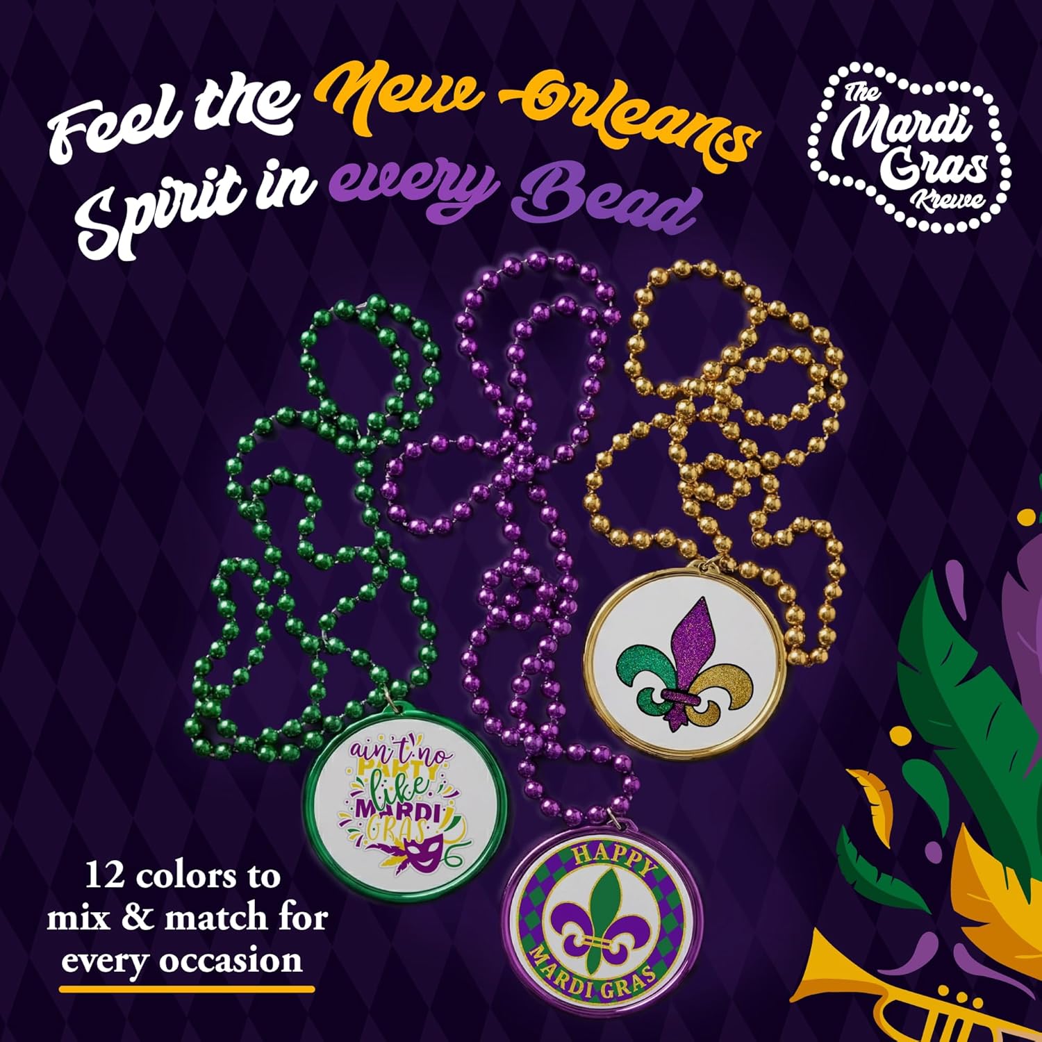 Custom Mardi Gras Bead Necklaces with Medallions - 33 inch, 7mm Round Beads- Pack of 24 Personalized Plastic Bead Necklaces - Many Colors To Choose