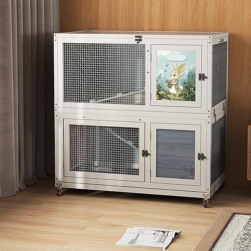 Weatherproof Wooden Rabbit Hutch for Indoor Outdoor Use, 2 Story Bunny Cage House with Wheels, Small Animal Shelter with Pull Out Tray, Non-Slip Ramp, Chicken Coop, Pet House Guinea