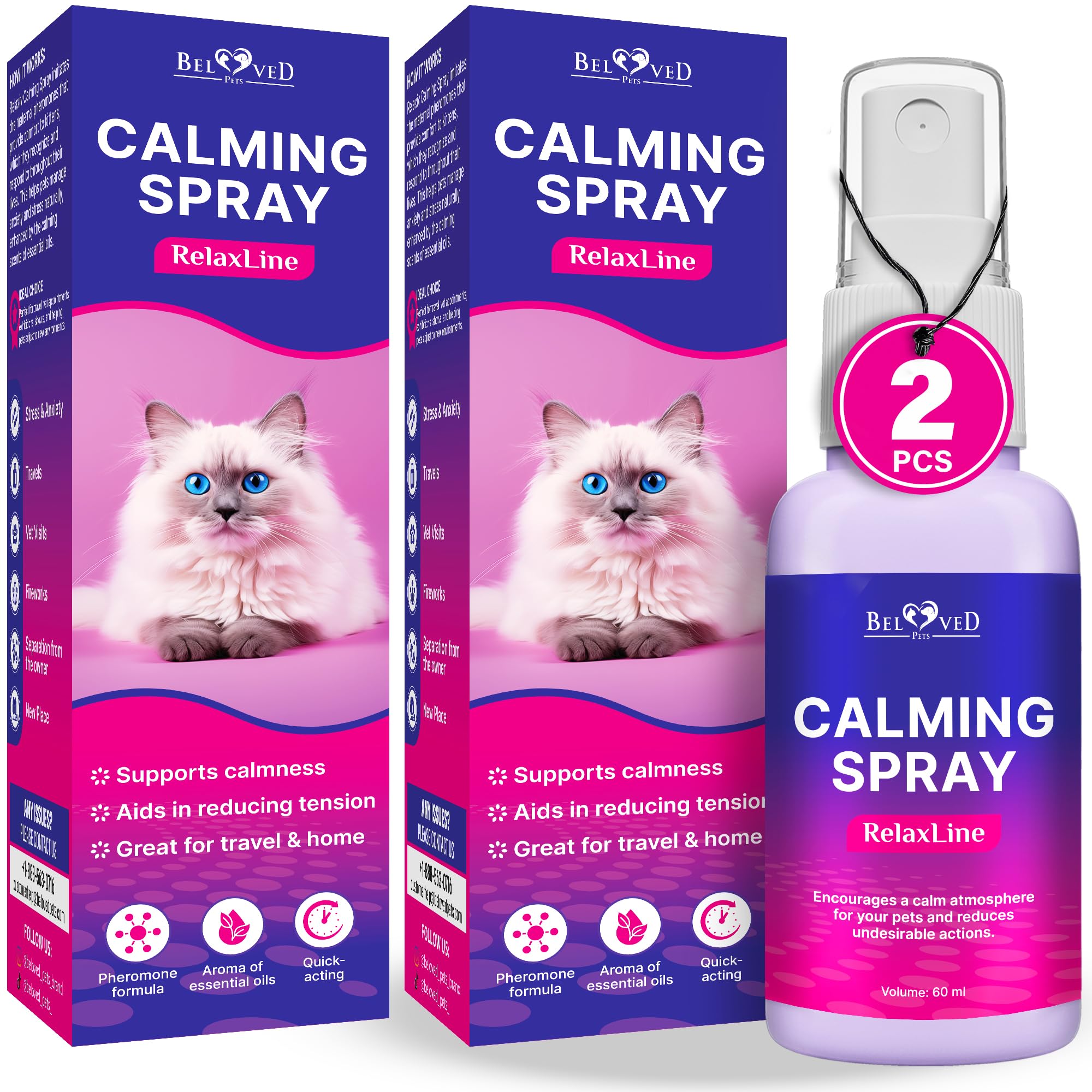 Calming Pheromone Spray & Scratch Repellent for Cats - Reduces Scratching Furniture, Pee - During Travel, Fireworks, Thunder, Vet Zone - Helps with Stress, Fighting, Hiding (60 ml (2 pack))