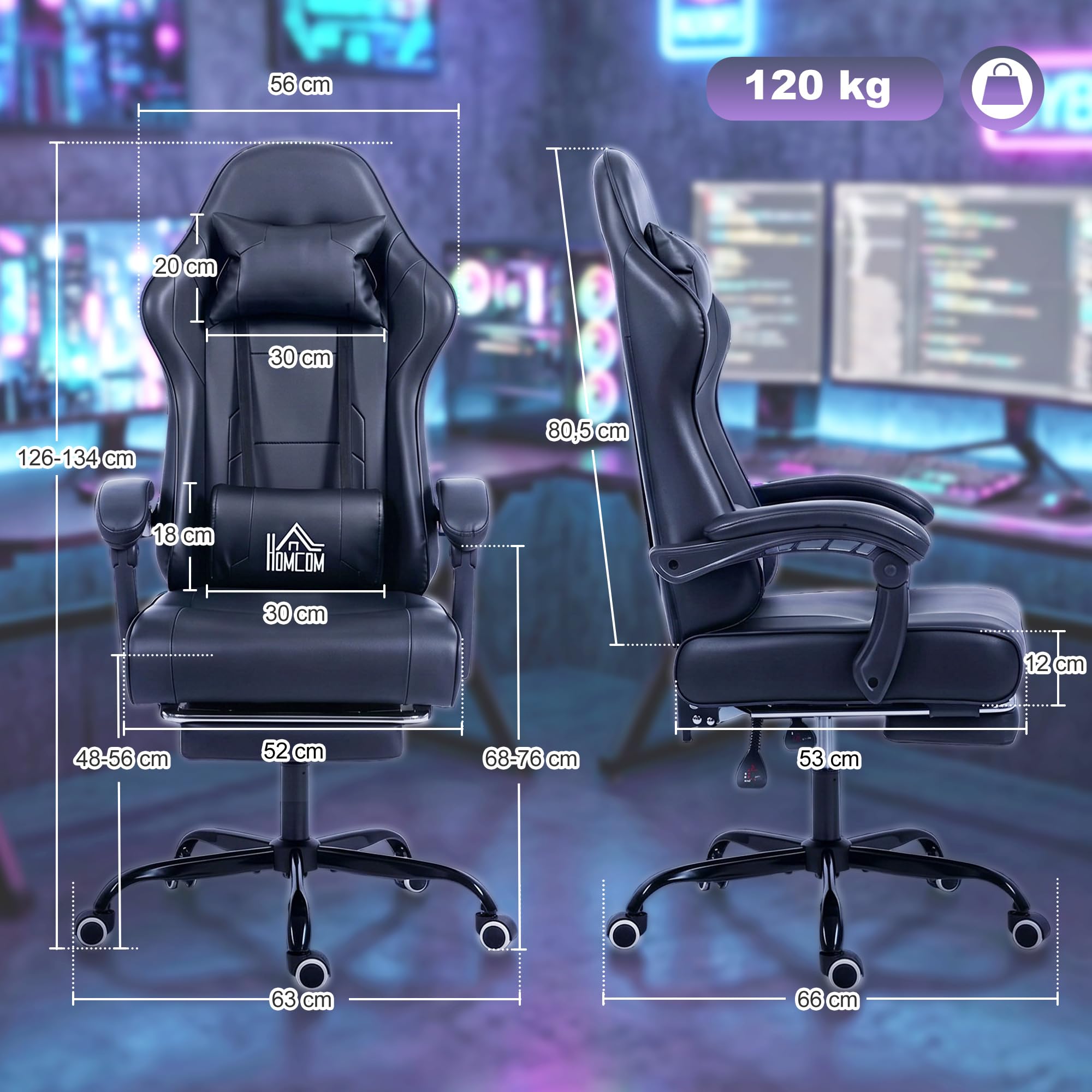 HOMCOM Silla Gaming Ergonómica Sillón Gamer 63 x 66 x 126-134 cm, Negro | Soporte para lumbar, respaldo reclinable, altura ajustable, reposapiés, reposacabezas, muebles de oficina