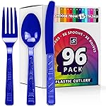 DecorRack Plastic Cutlery Set, Royal Blue Colored Plastic Silverware Sets for Parties, 96 Piece Bulk Heavy Duty Utensils (Royal Blue, 96 Pieces)