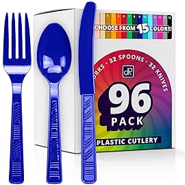DecorRack Plastic Cutlery Set, Royal Blue Colored Plastic Silverware Sets for Parties, 96 Piece Bulk Heavy Duty Utensils (Royal Blue, 96 Pieces)